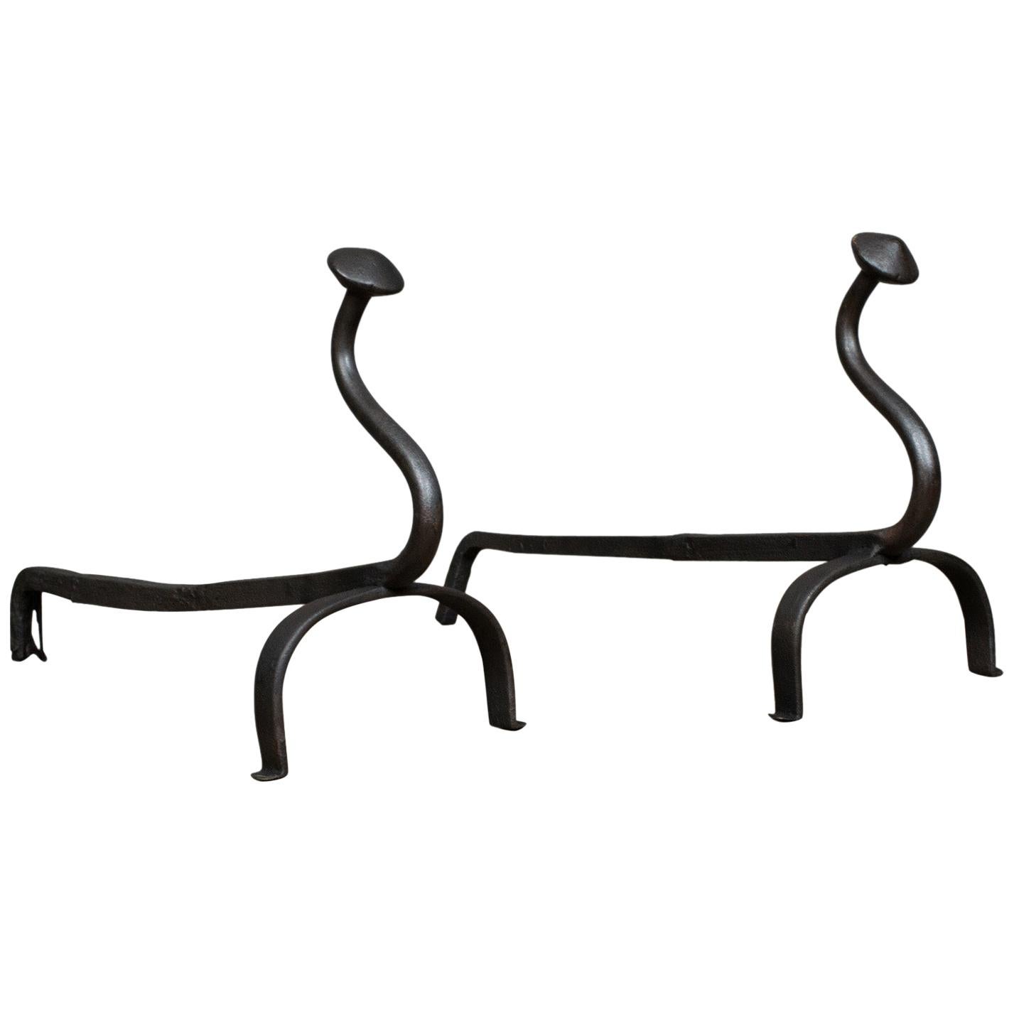 Antique Andirons, French, Wrought Iron, Firedogs, Forged, 20th Century