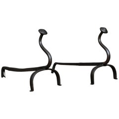 Antique Andirons, French, Wrought Iron, Firedogs, Forged, 20th Century