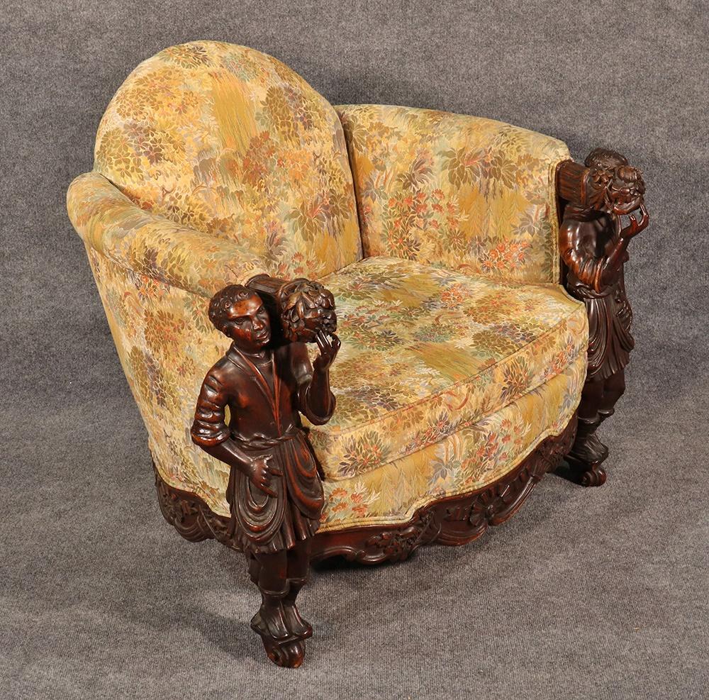 Tapestry Antique Andrea Brustolon Style Figural Carved Walnut Club Chair