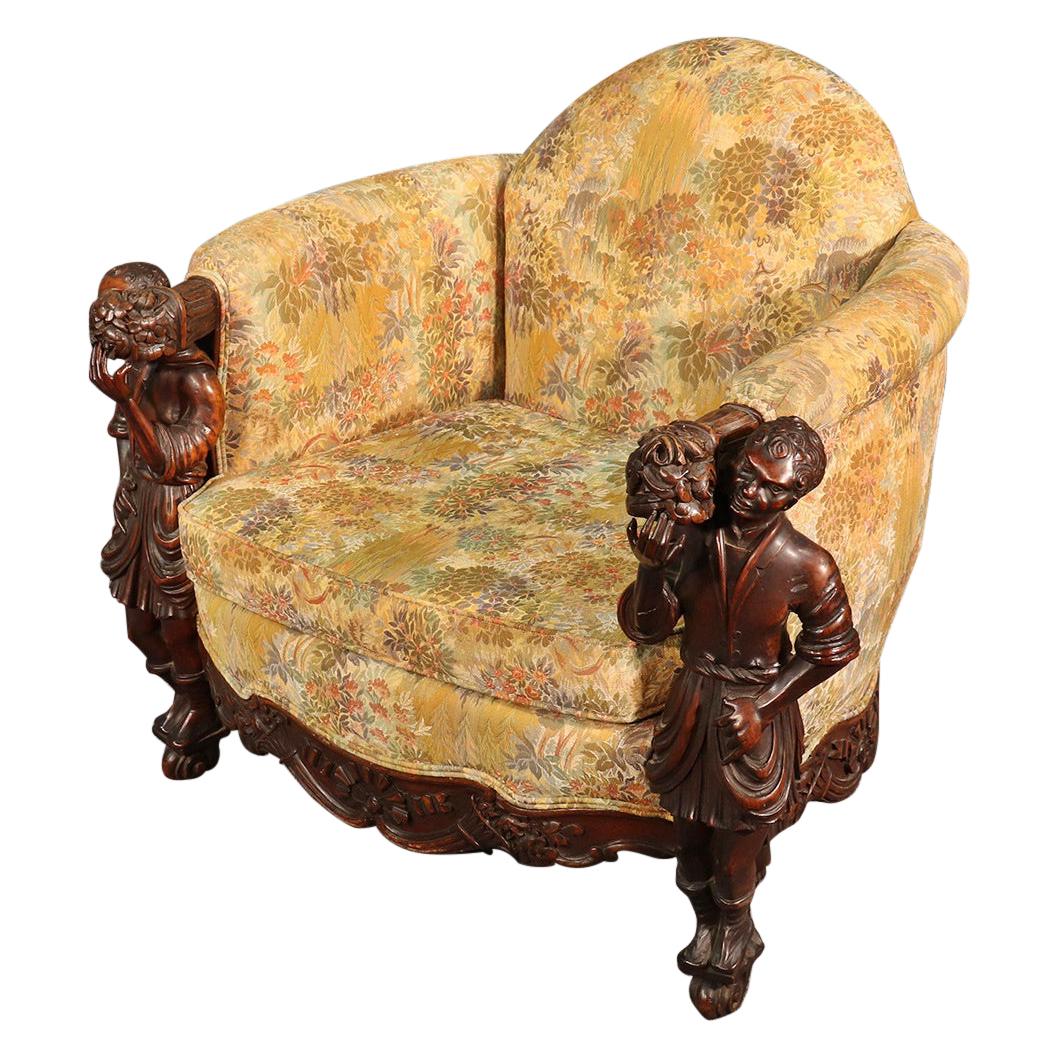 Antique Andrea Brustolon Style Figural Carved Walnut Club Chair