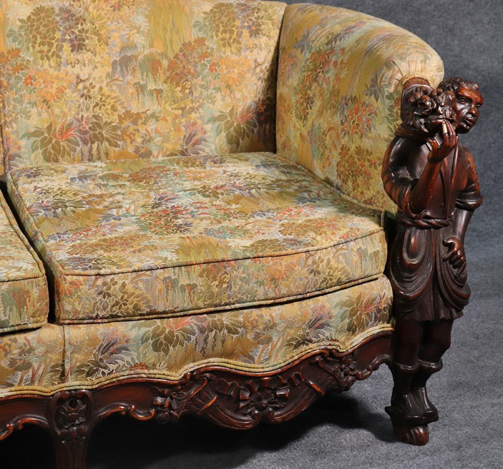 Tapestry Antique Andrea Brustolon Style Figural Carved Walnut Sofa
