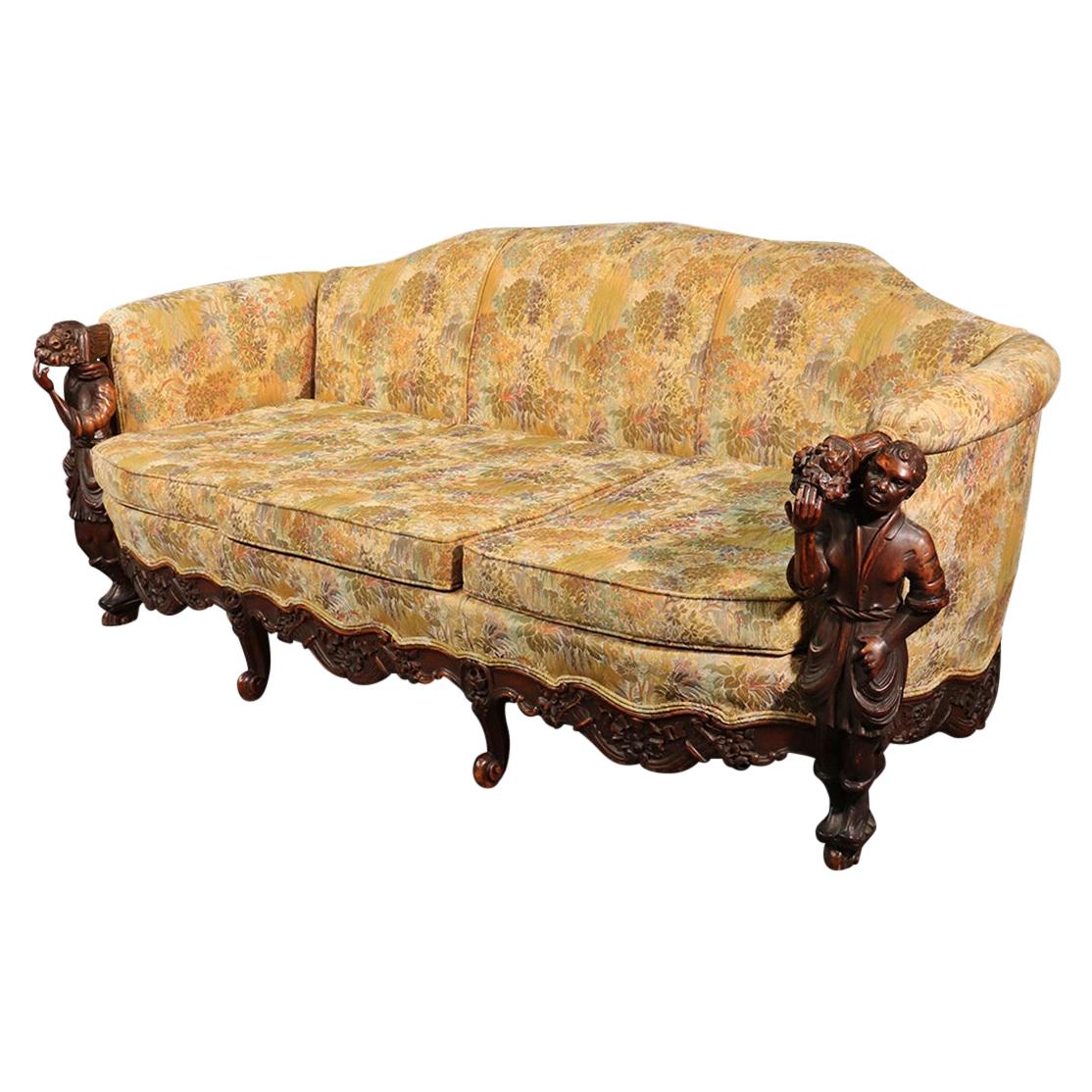 Antique Andrea Brustolon Style Figural Carved Walnut Sofa