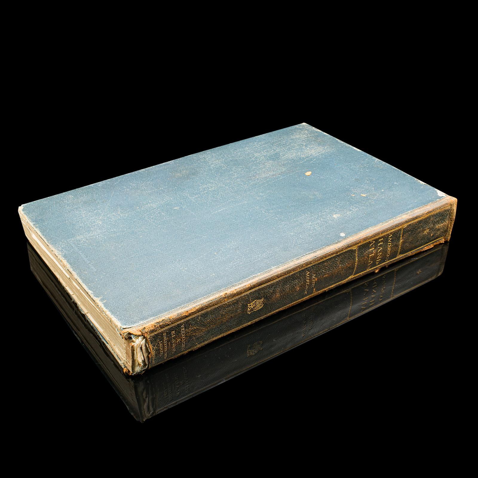 This is a large volume antique copy of Andrees' Handatlas. A German, bound chromolithography atlas, dating to the early 20th century, this edition published in 1924.

Full title: Andrees Allgemeiner Handatlas in 228 Haupt - und 215 Nebenkarten mit