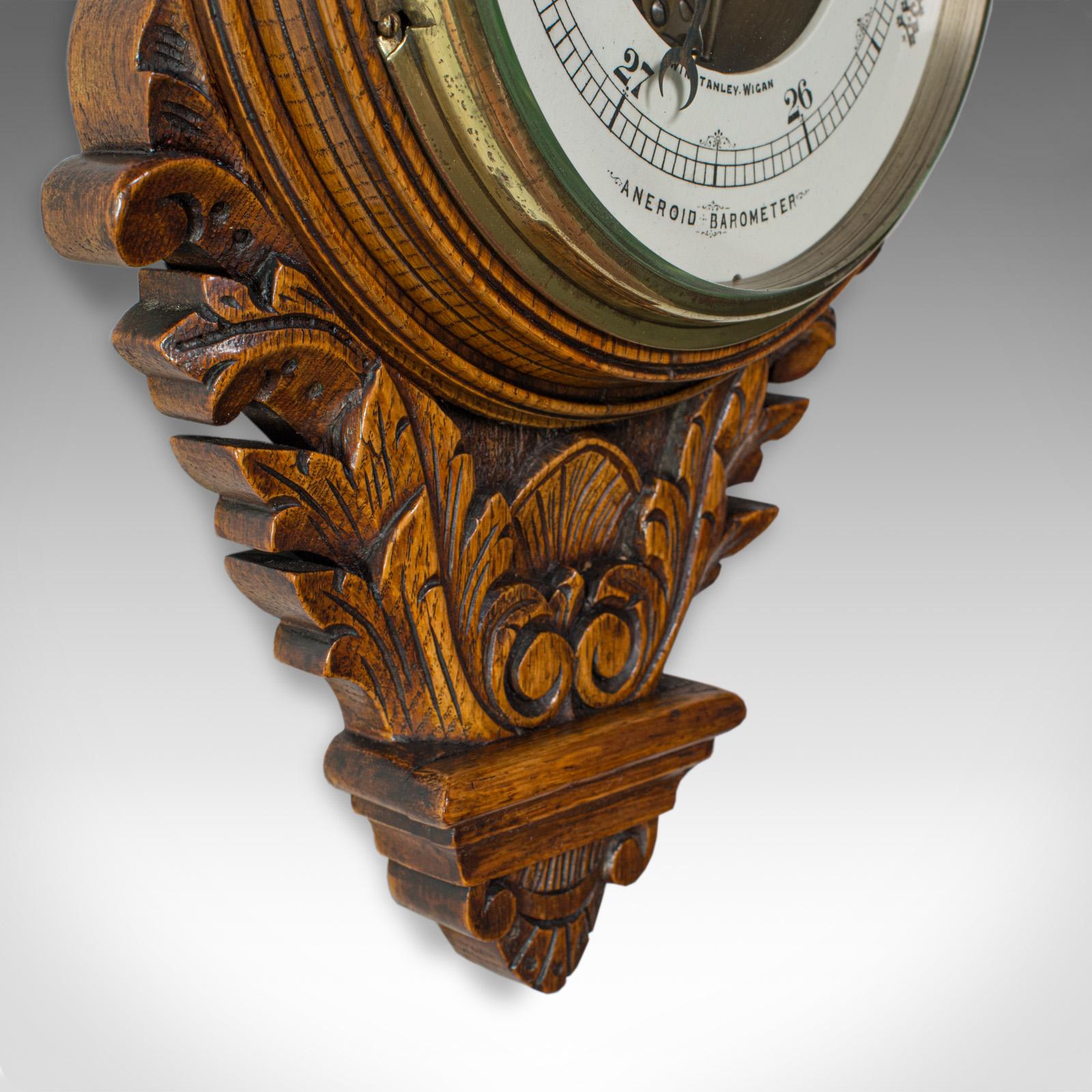 Antique Aneroid Barometer, English, Winstanley of Wigan, Oak, Banjo, Temperature 4