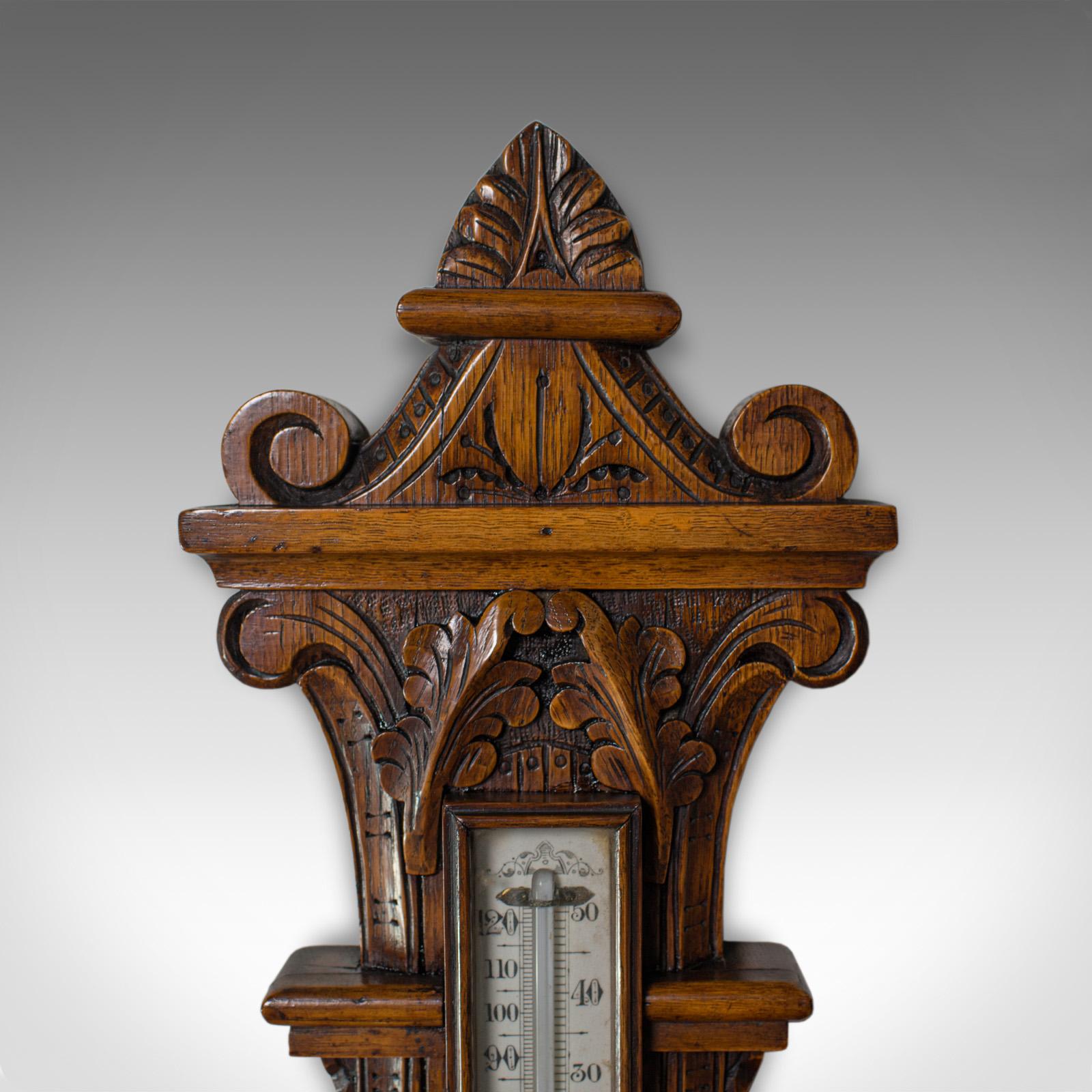 Victorian Antique Aneroid Barometer, English, Winstanley of Wigan, Oak, Banjo, Temperature