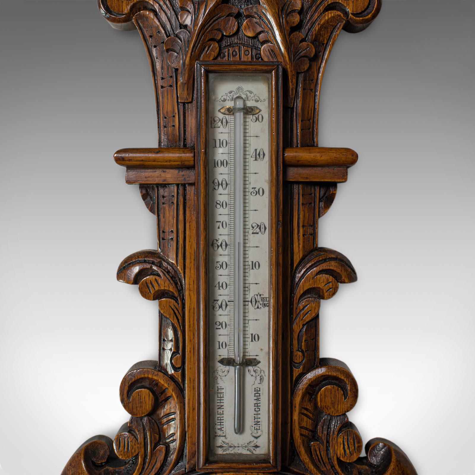 Antique Aneroid Barometer, English, Winstanley of Wigan, Oak, Banjo, Temperature In Good Condition In Hele, Devon, GB