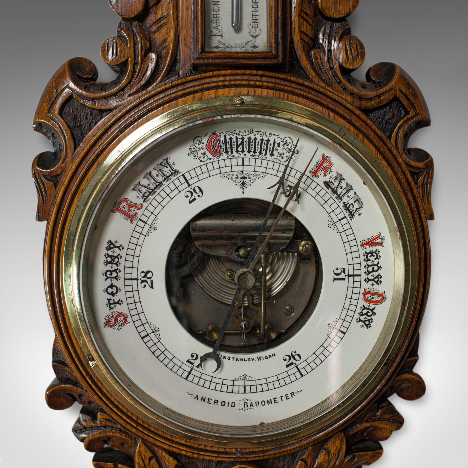 19th Century Antique Aneroid Barometer, English, Winstanley of Wigan, Oak, Banjo, Temperature