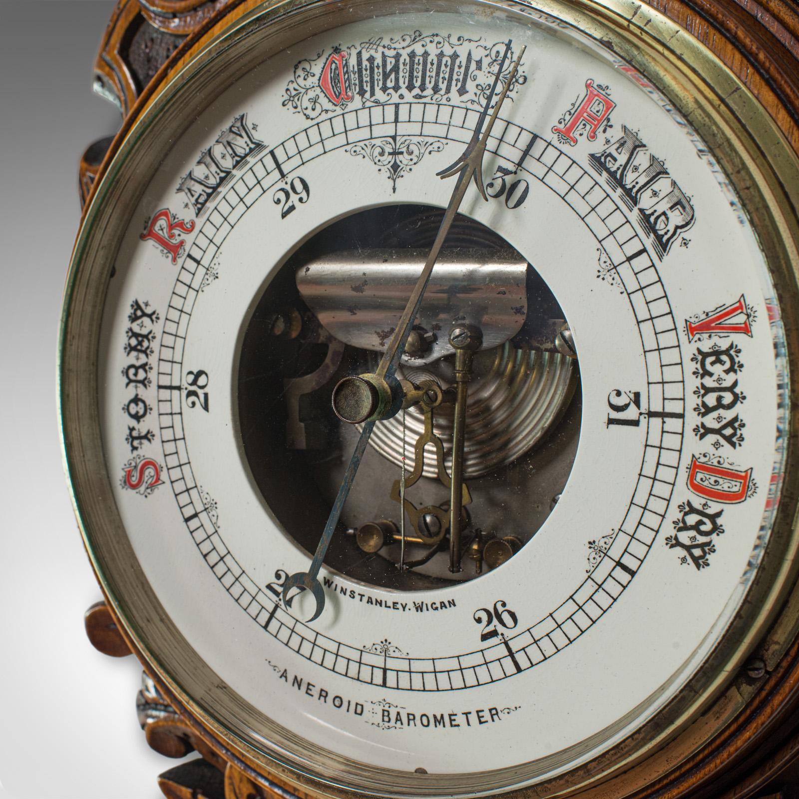 Glass Antique Aneroid Barometer, English, Winstanley of Wigan, Oak, Banjo, Temperature