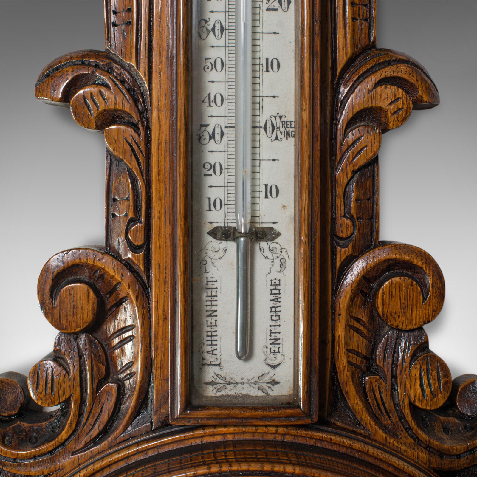 Antique Aneroid Barometer, English, Winstanley of Wigan, Oak, Banjo, Temperature 1