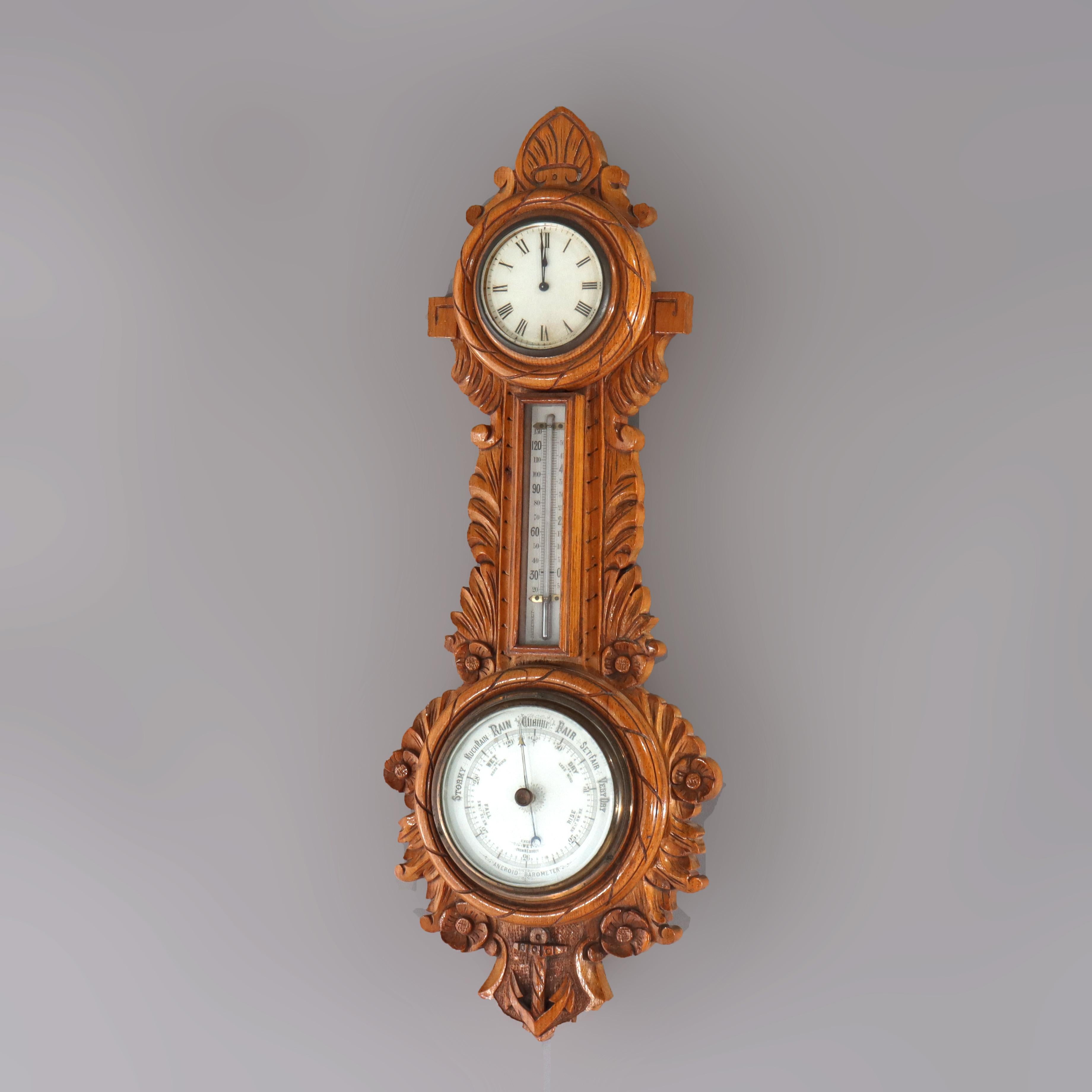 Baromètre anéroïde en chêne sculpté à thème nautique C1900 Bon état - En vente à Big Flats, NY