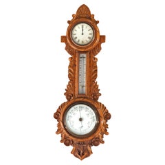 Antiguo Reloj Barómetro Aneroide de Roble Tallado de Tema Náutico C1900