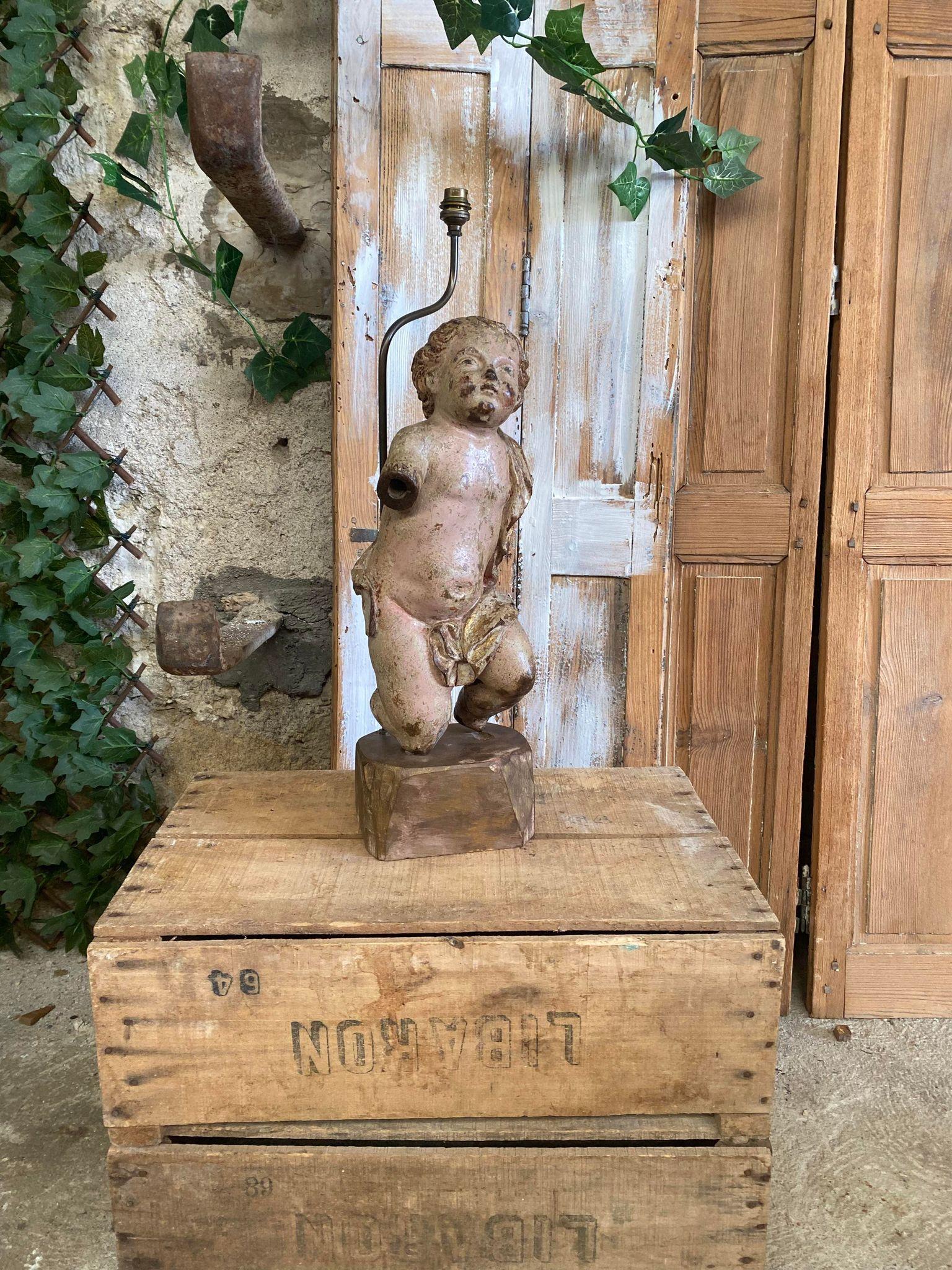 Wood Antique Angel Sculpture Lamp of French Origin 18th Century
