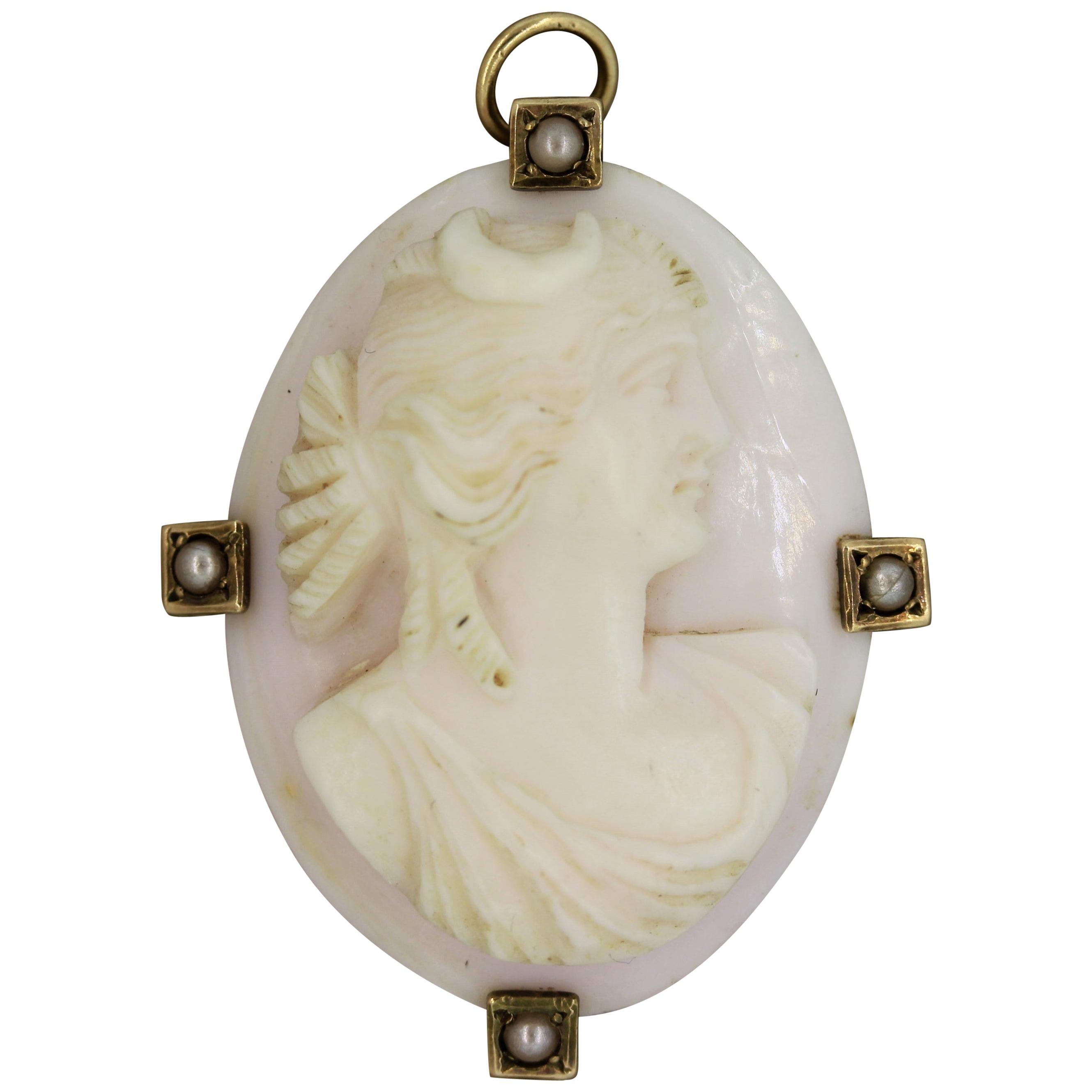 Antique Angel Skin Coral Cameo Seed-Pearl Gold Pendant-Brooch