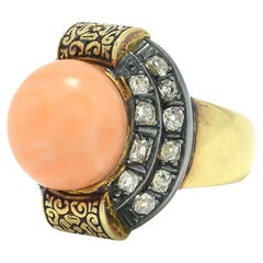 Antique Angel Skin Coral Cocktail Ring Dome Style Mine Cut Diamonds Circa 1912 