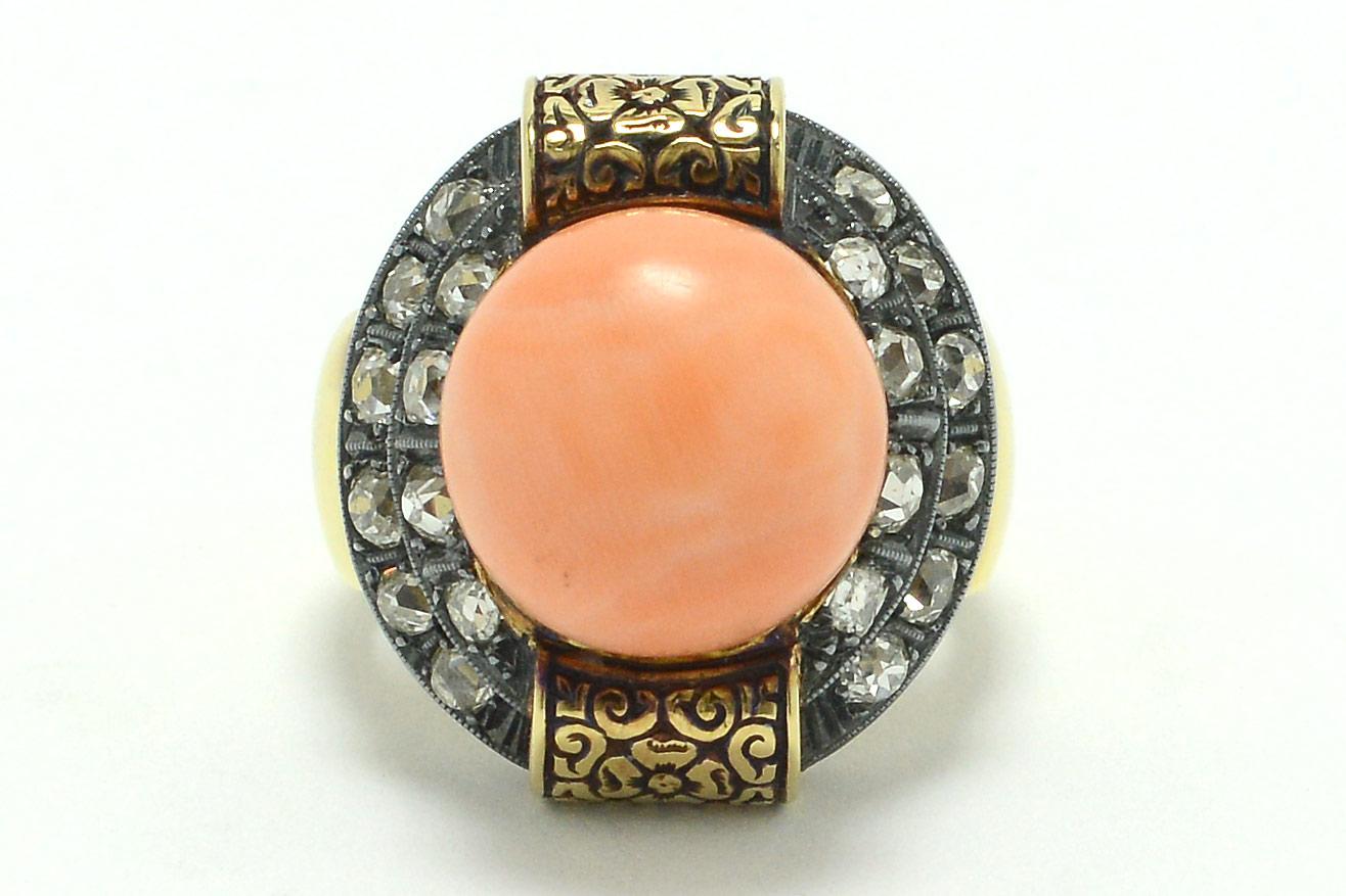  Antique Angel Skin Coral Dome Cocktail Ring In Good Condition For Sale In Santa Barbara, CA