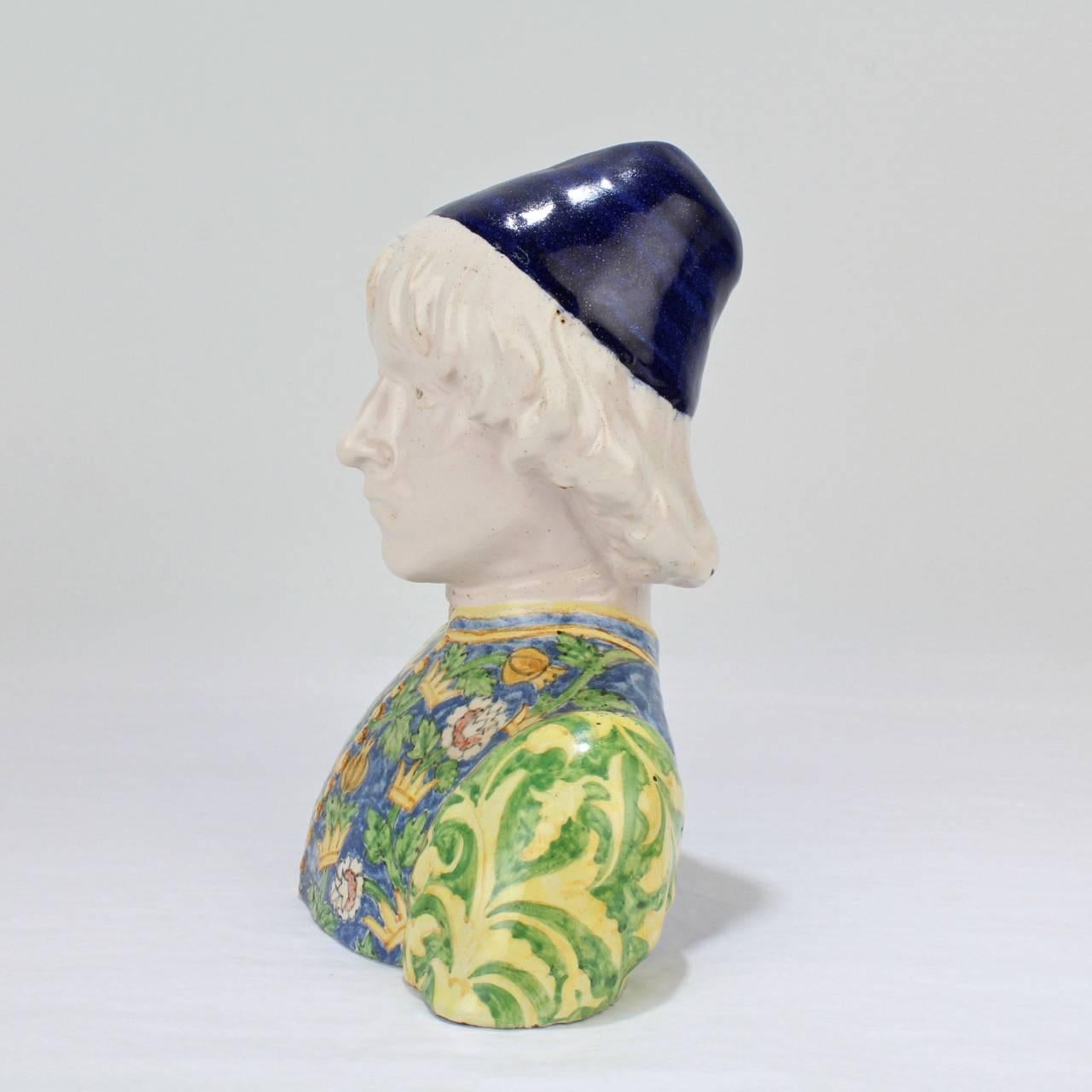 Antique Angelo Minghetti Italian Majolica Bust of a Renaissance Page or Youth In Good Condition In Philadelphia, PA