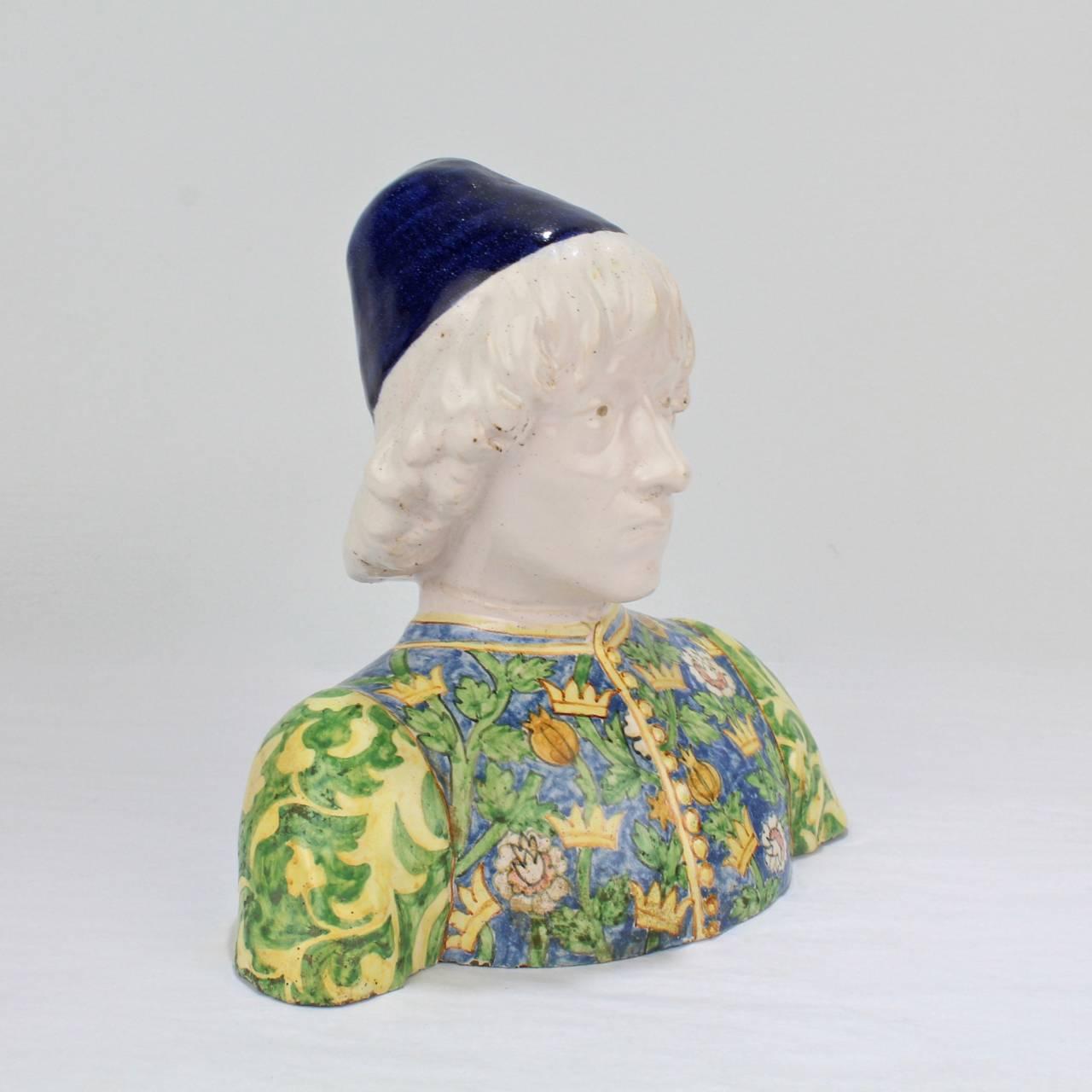 Antique Angelo Minghetti Italian Majolica Bust of a Renaissance Page or Youth 2