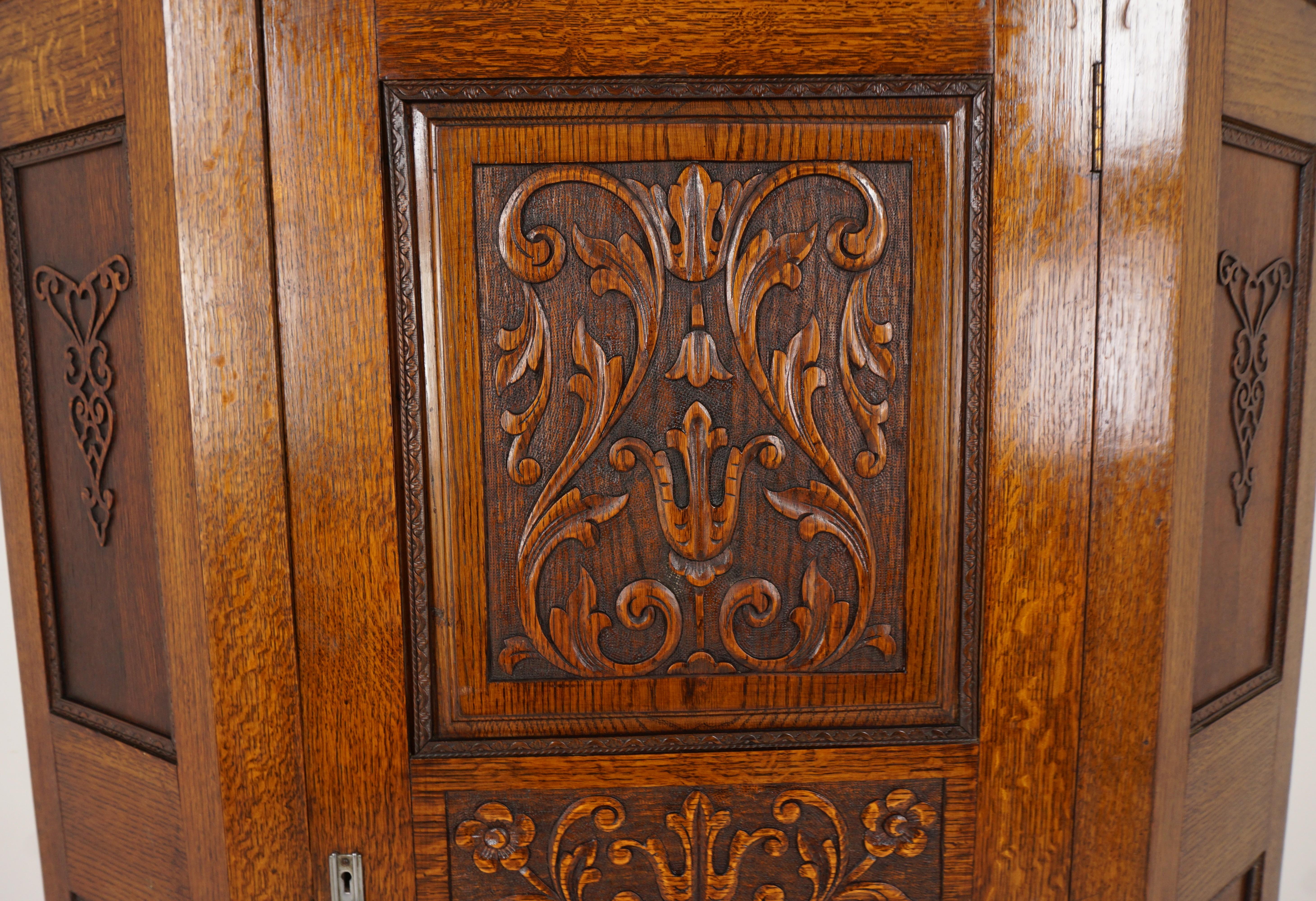 Hand-Crafted Antique Angled Front Carved Oak Hall Wardrobe, Scotland 1910, H226
