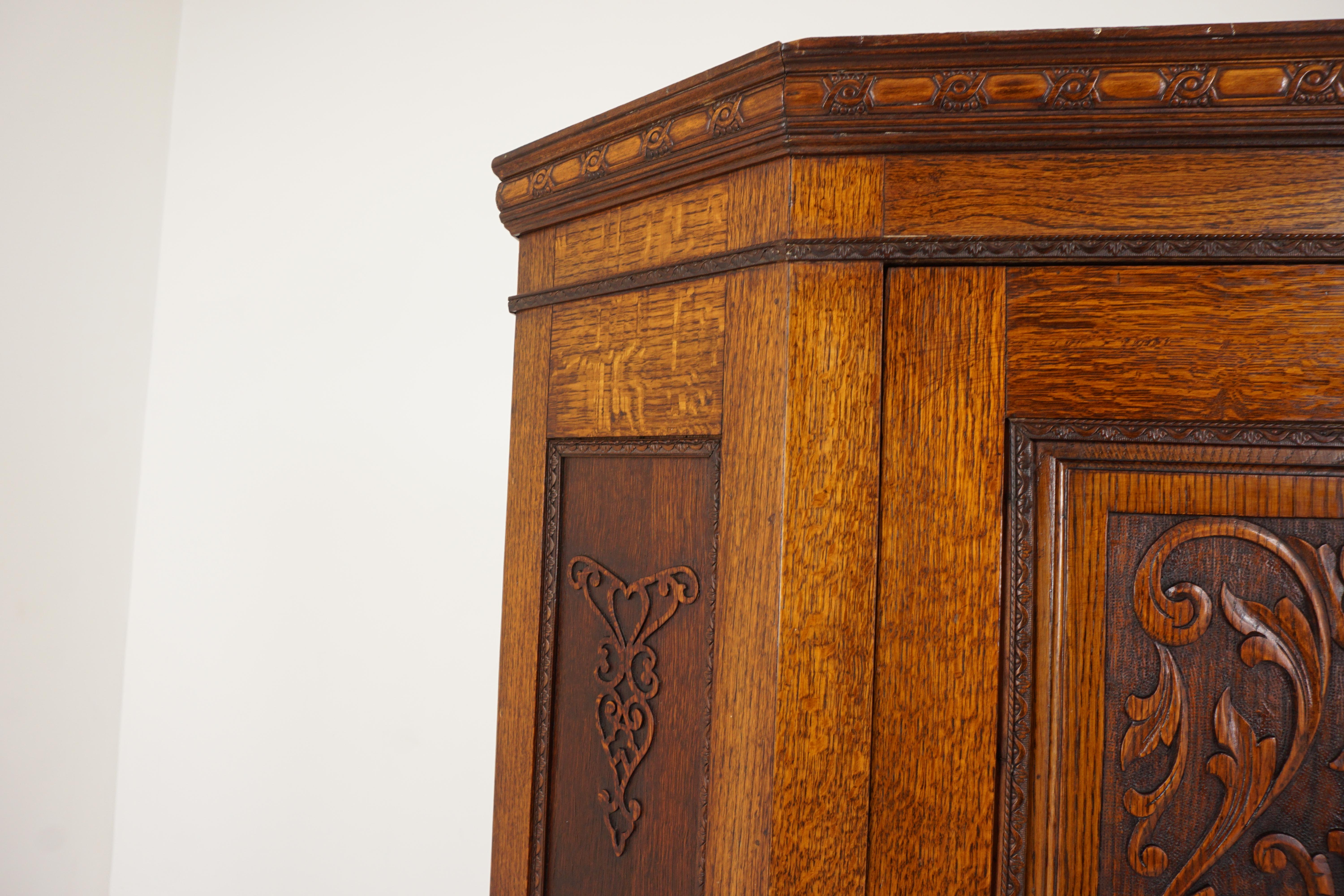 Antique Angled Front Carved Oak Hall Wardrobe, Scotland 1910, H226 In Good Condition In Vancouver, BC