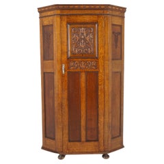 Antique Angled Front Carved Oak Hall Wardrobe, Scotland 1910, B2594