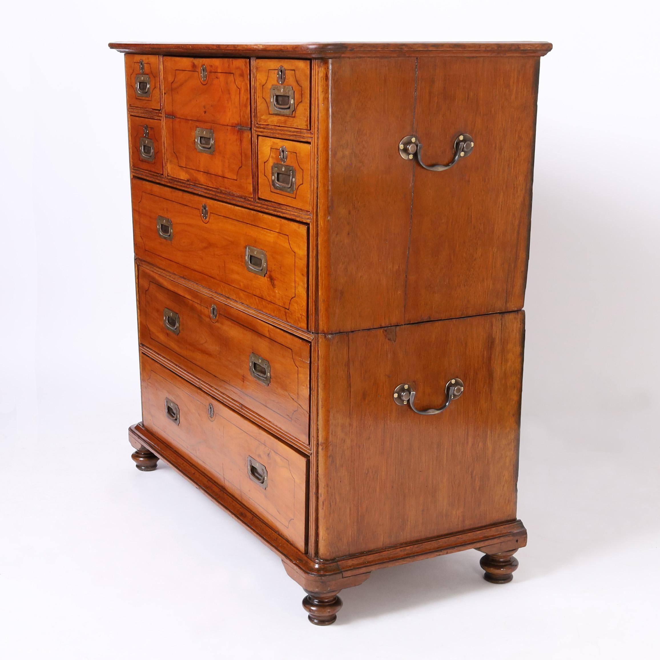 Turned Antique Anglo Chinese Campaign Chest of Drawers with Desk