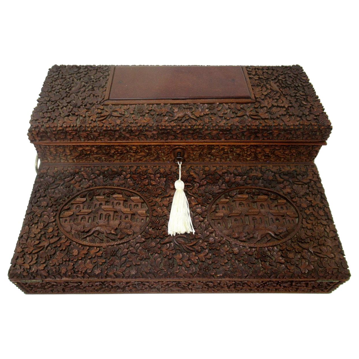 Antique Anglo-Indian Bombay Carved Sandalwood Writing Slope Box Mid-19th Century