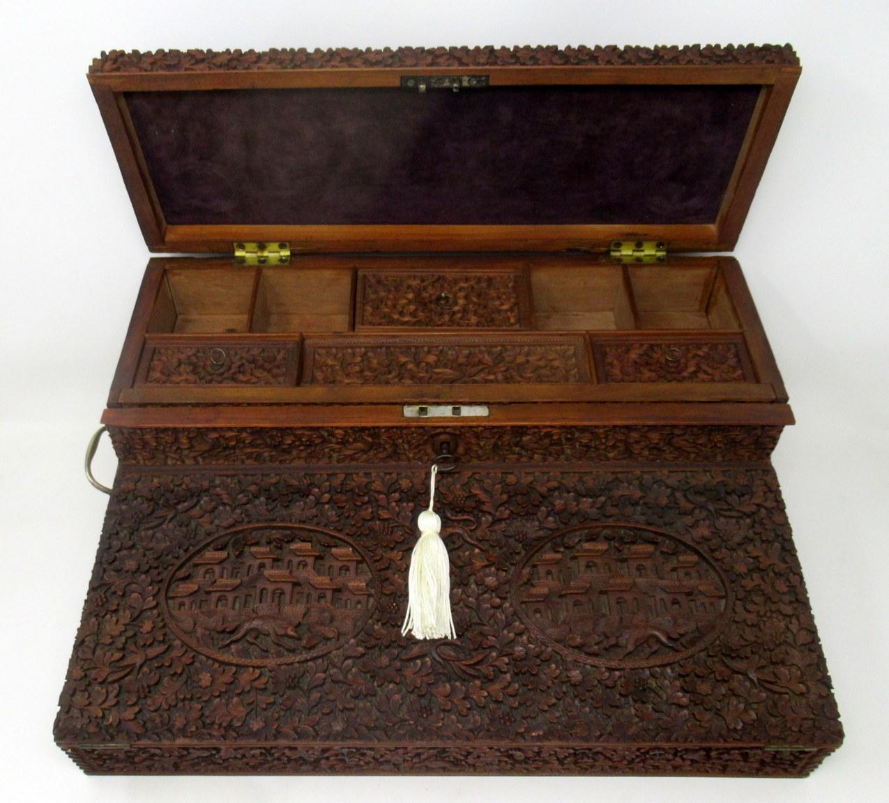 Victorian Antique Anglo-Indian Bombay Carved Sandalwood Writing Slope Box Mid-19th Century