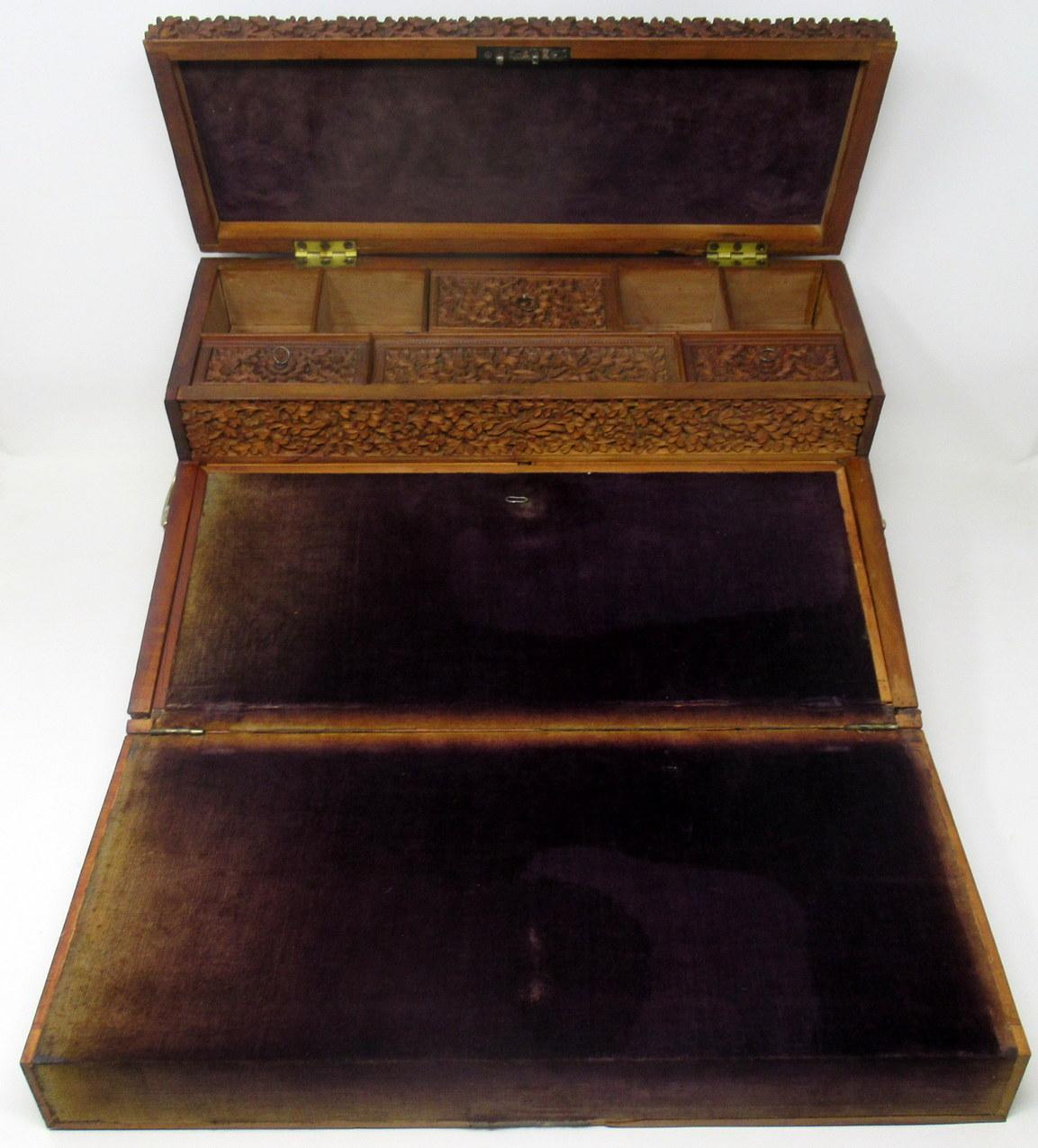 Chinese Antique Anglo-Indian Bombay Carved Sandalwood Writing Slope Box Mid-19th Century