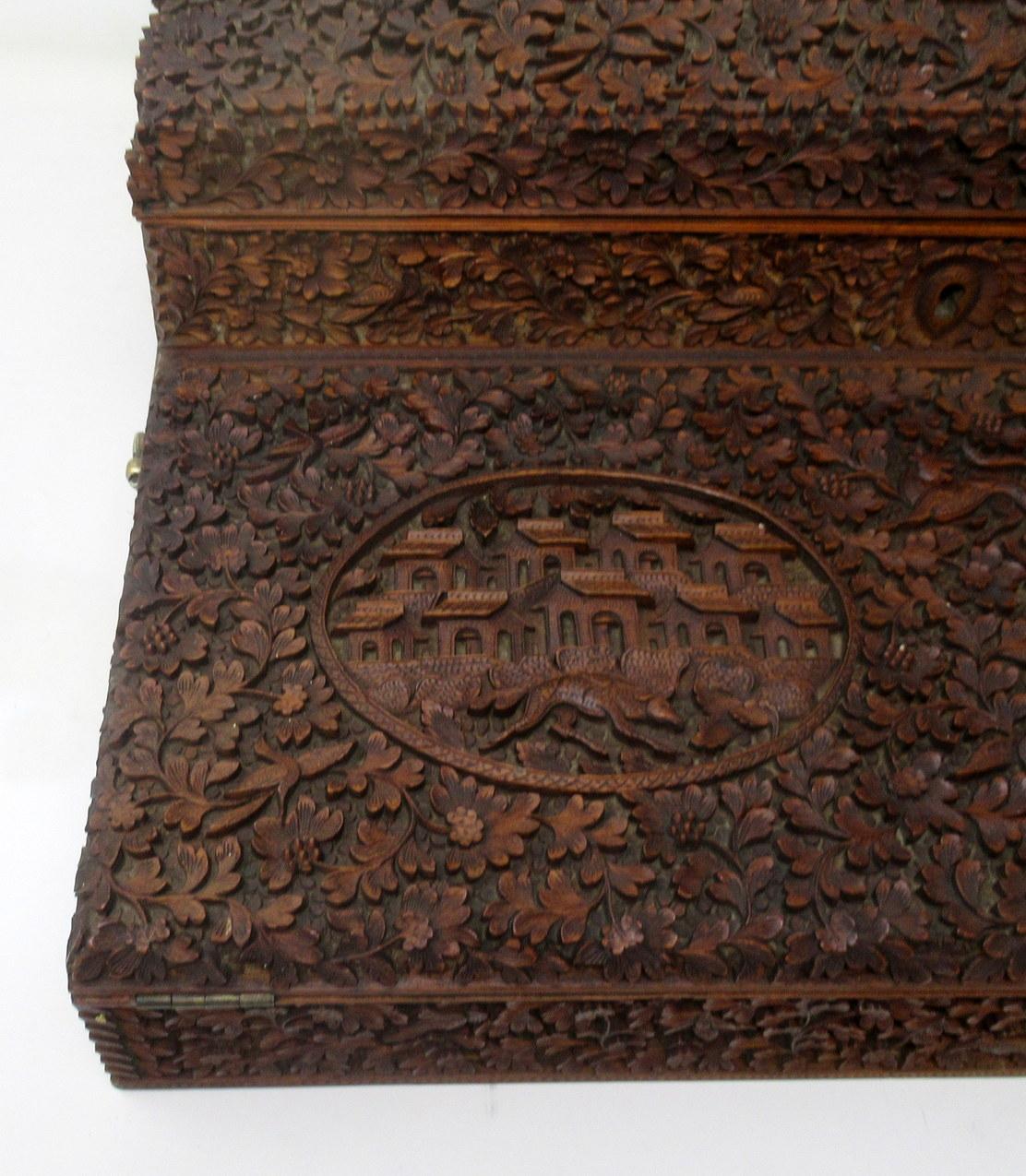 Mahogany Antique Anglo-Indian Bombay Carved Sandalwood Writing Slope Box Mid-19th Century
