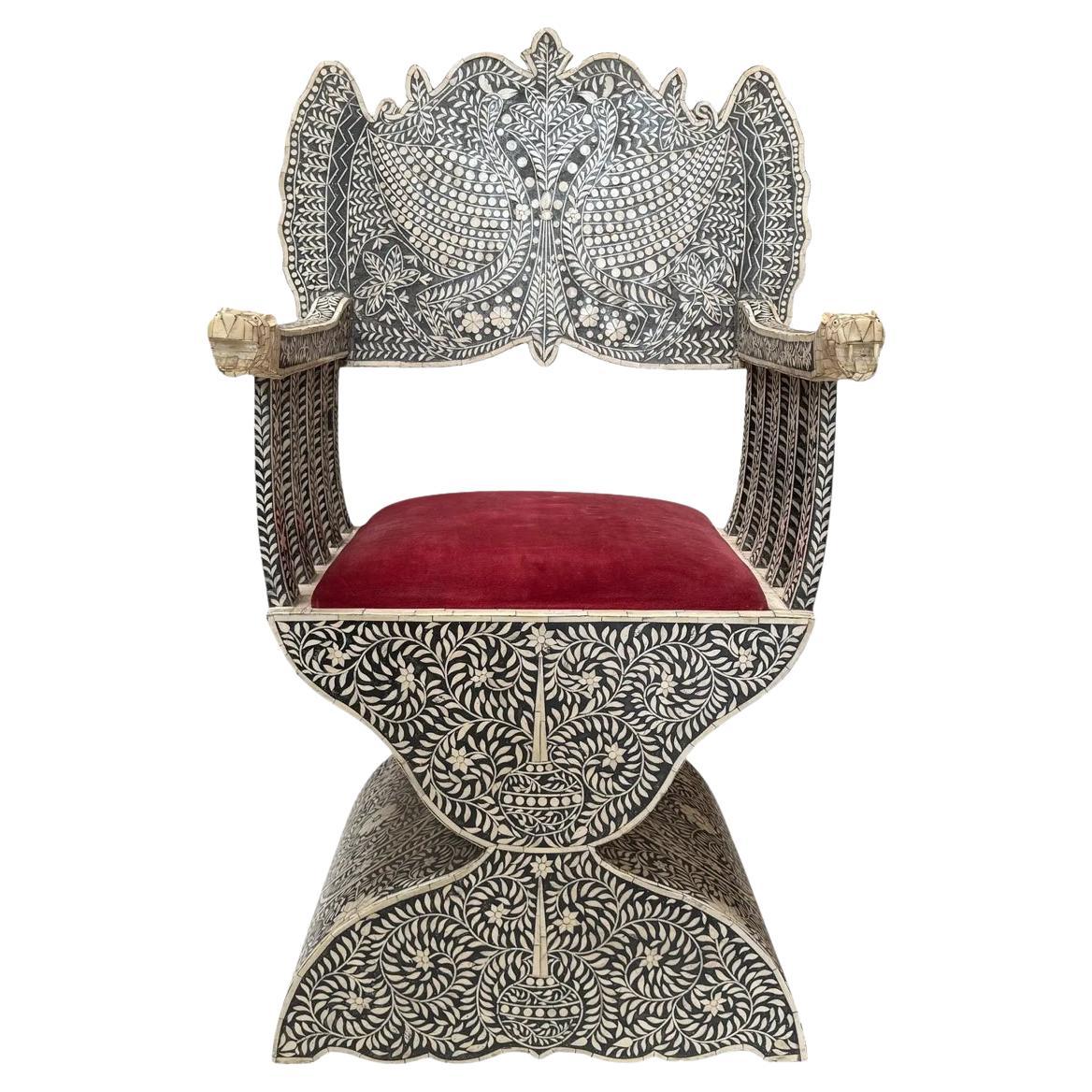 Antique Anglo-Indian Bone Inlay Savonarola Throne Chair 1 of 2