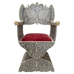 Antique Anglo-Indian Bone Inlay Savonarola Throne Chair 1 of 2