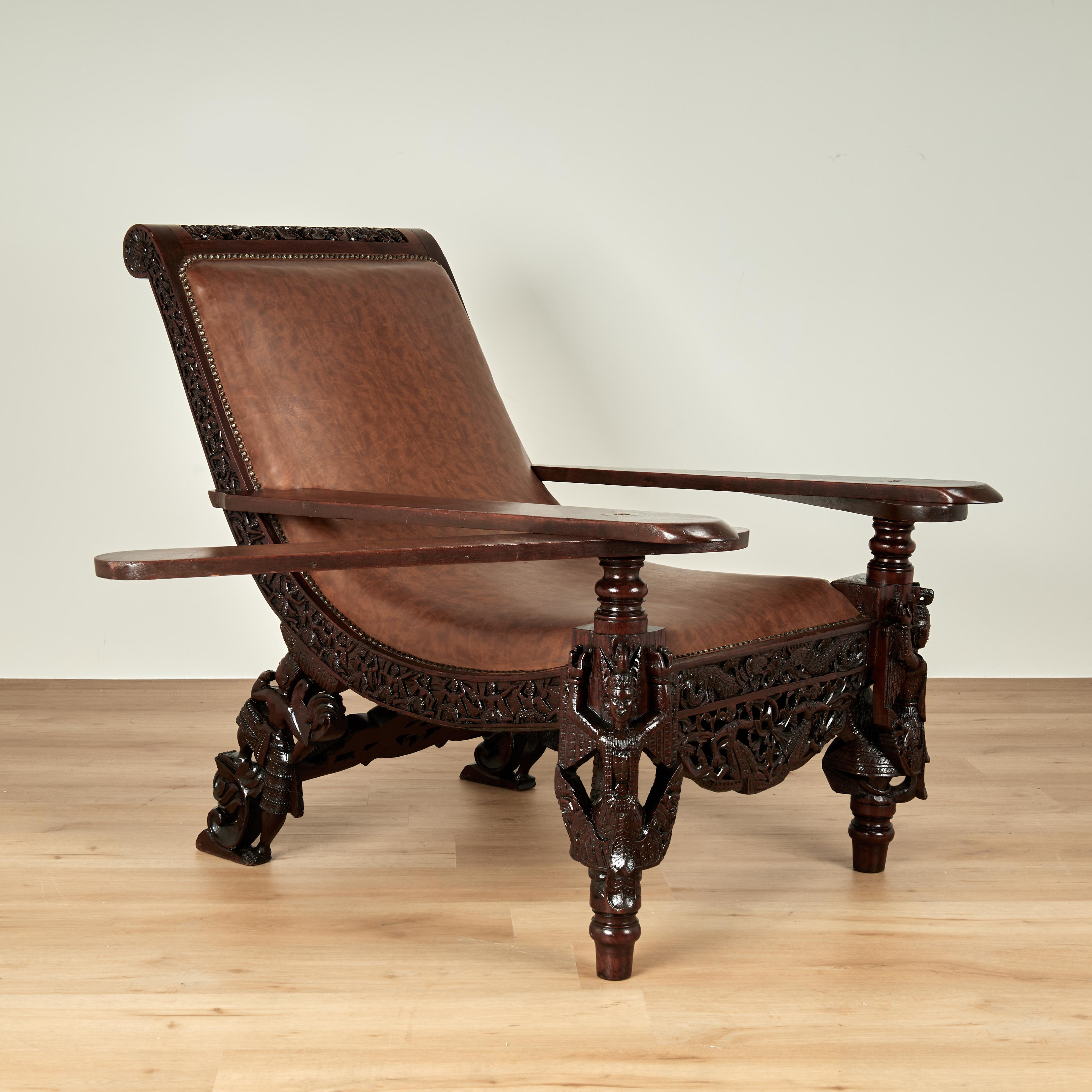 Antike Anglo Indian British Colonial geschnitzt Plantage oder Pflanzer Stuhl (Indisch) im Angebot