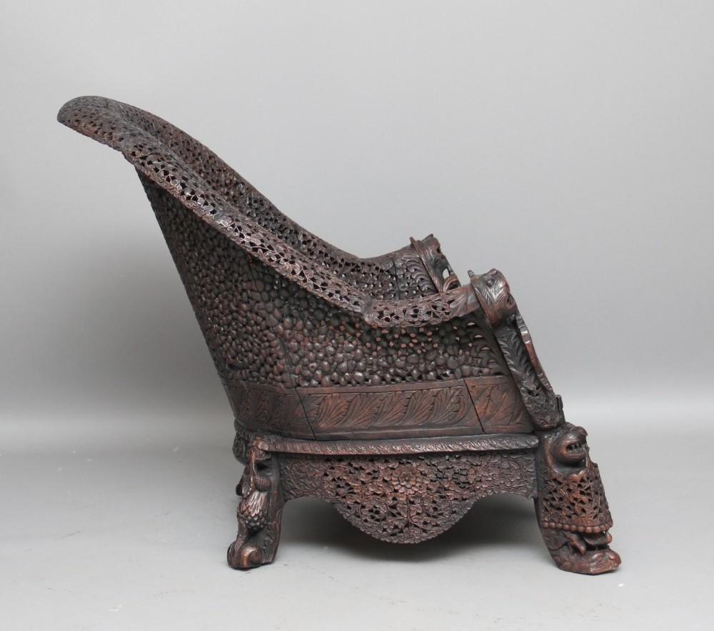 Anglo-Indian Antique Anglo Indian/ Burmese Chair Profusely Hand Carved Decoration 19th C For Sale