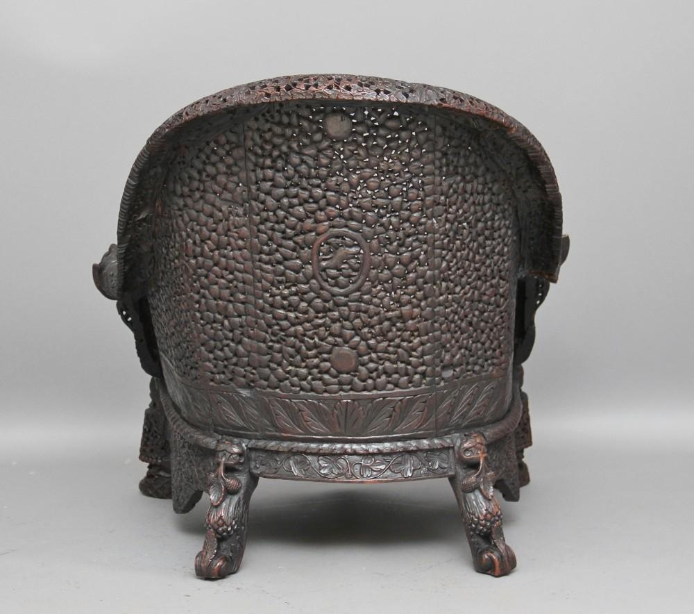 Mid-19th Century Antique Anglo Indian/ Burmese Chair Profusely Hand Carved Decoration 19th C For Sale