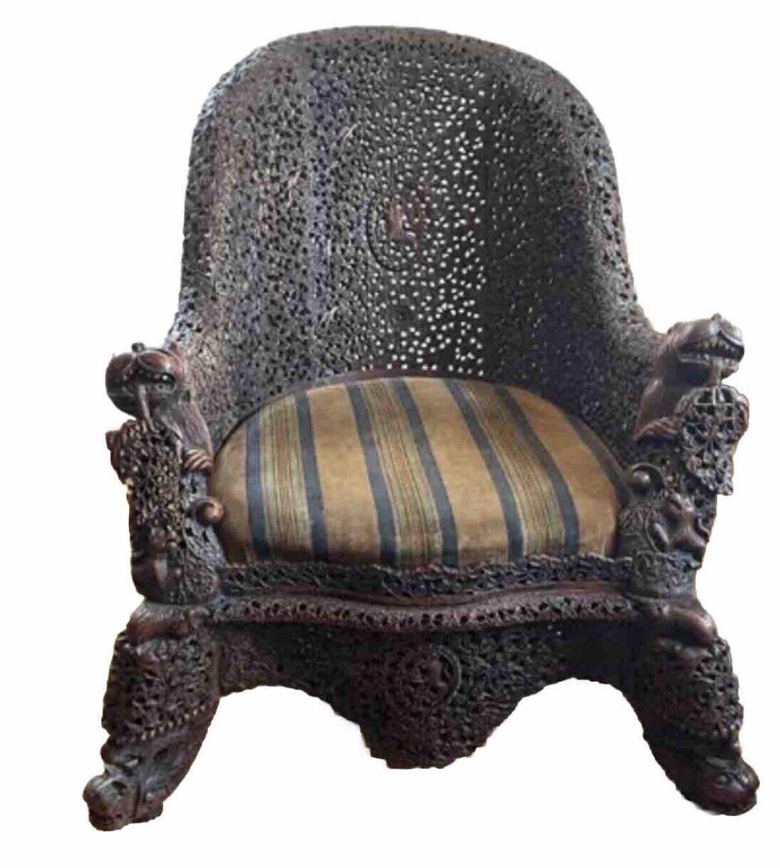 Wood Antique Anglo Indian/ Burmese Chair Profusely Hand Carved Decoration 19th C For Sale