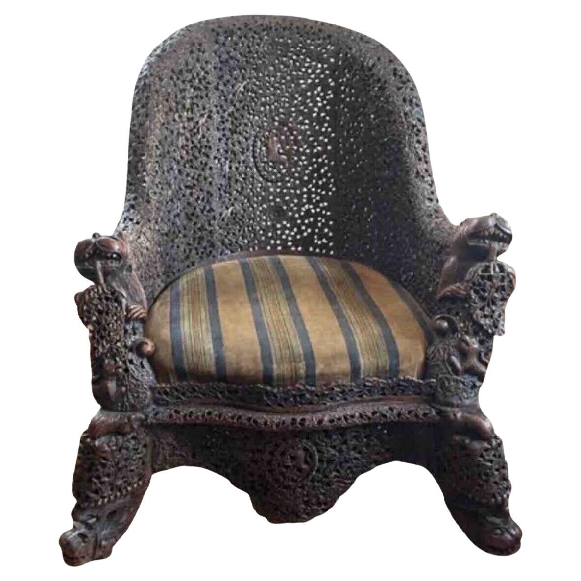 Antique Anglo Indian/ Burmese Chair Profusely Hand Carved Decoration 19th C For Sale