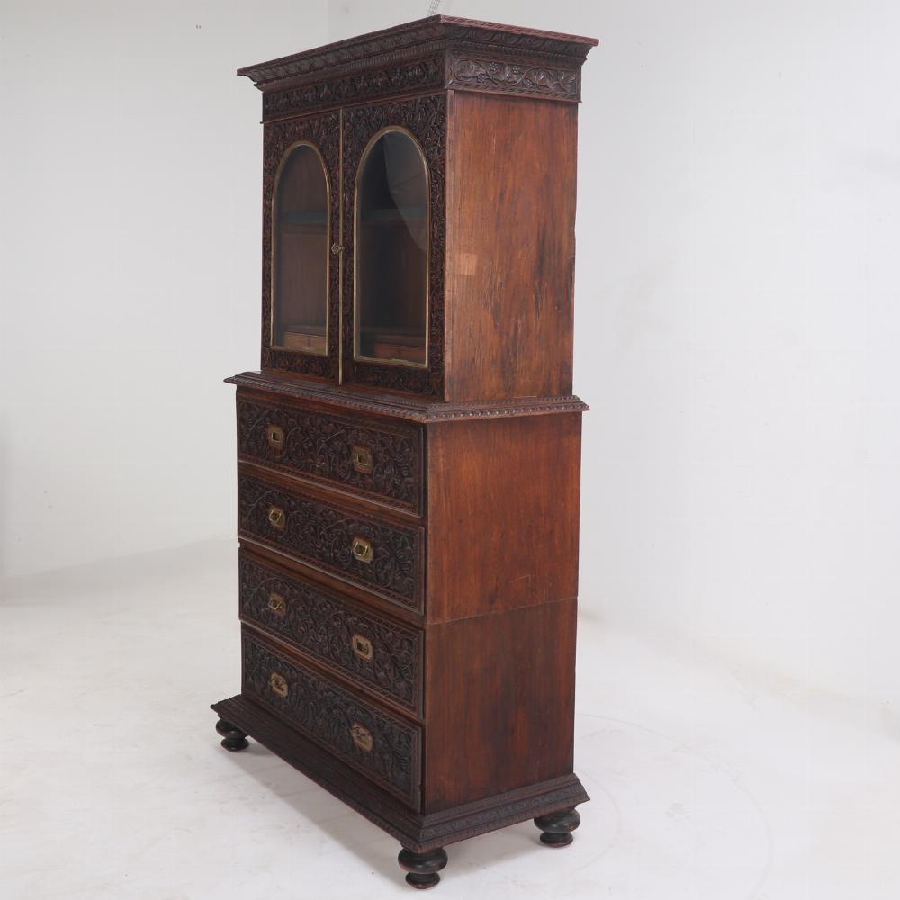 Wood Antique Anglo-Indian Carved Bookcase, C. 1880.