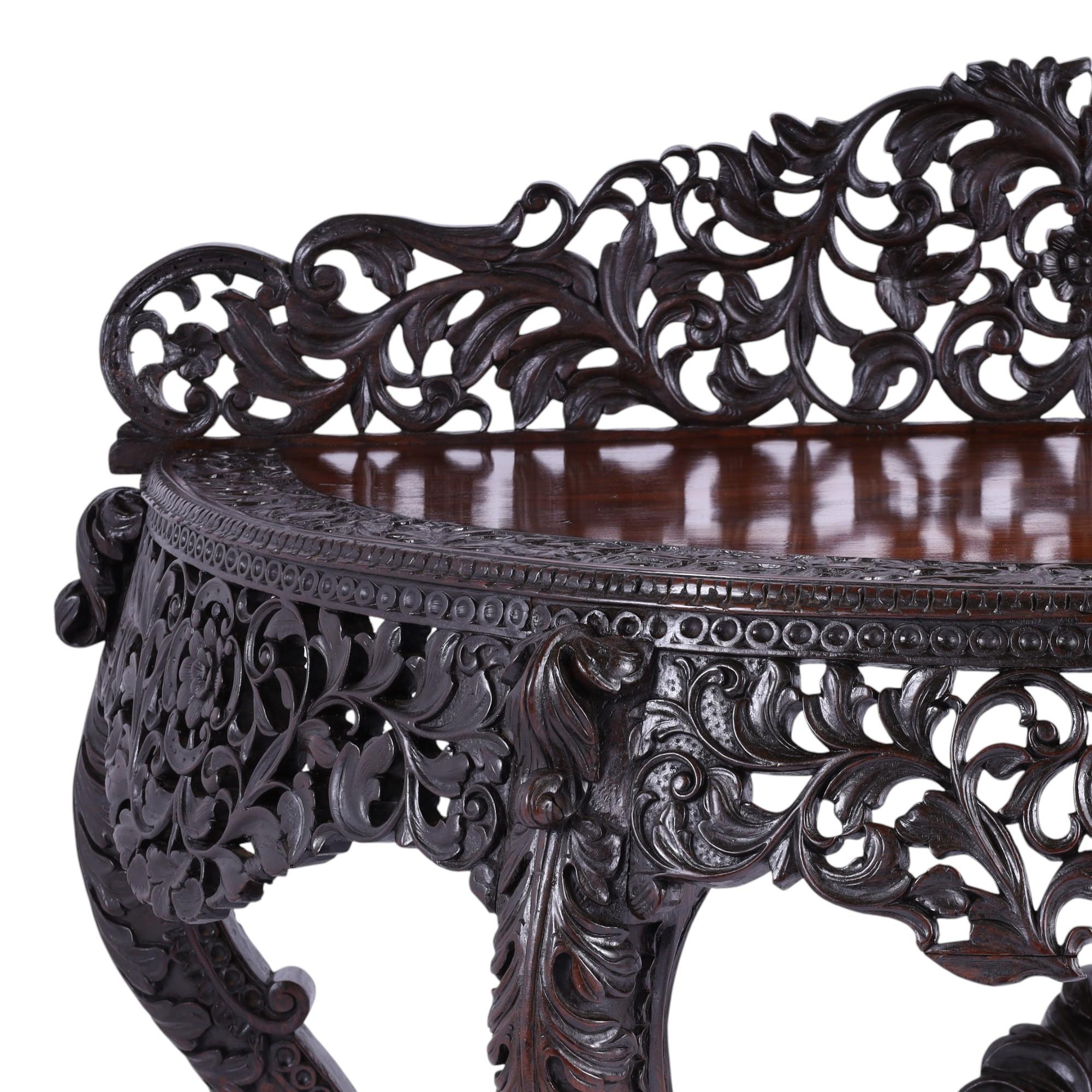 Antique Anglo Indian Carved Demilune Console Table In Good Condition For Sale In Palm Beach, FL