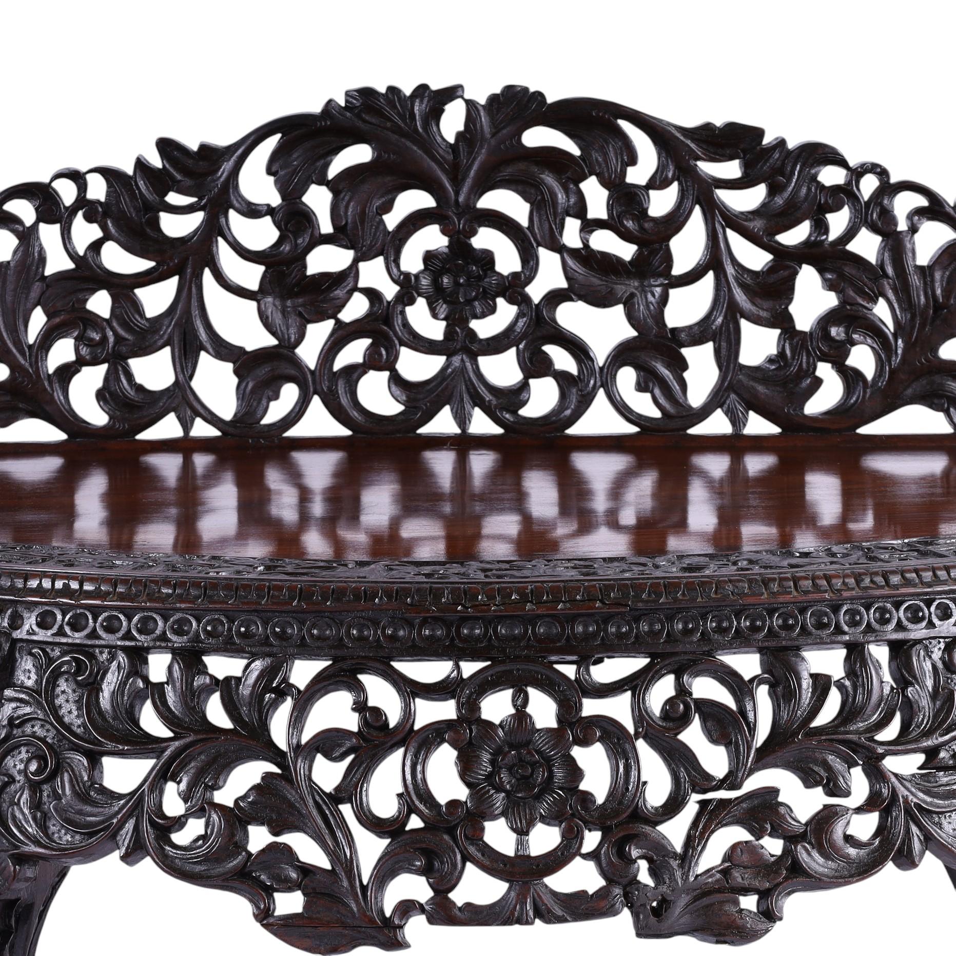 19th Century Antique Anglo Indian Carved Demilune Console Table For Sale