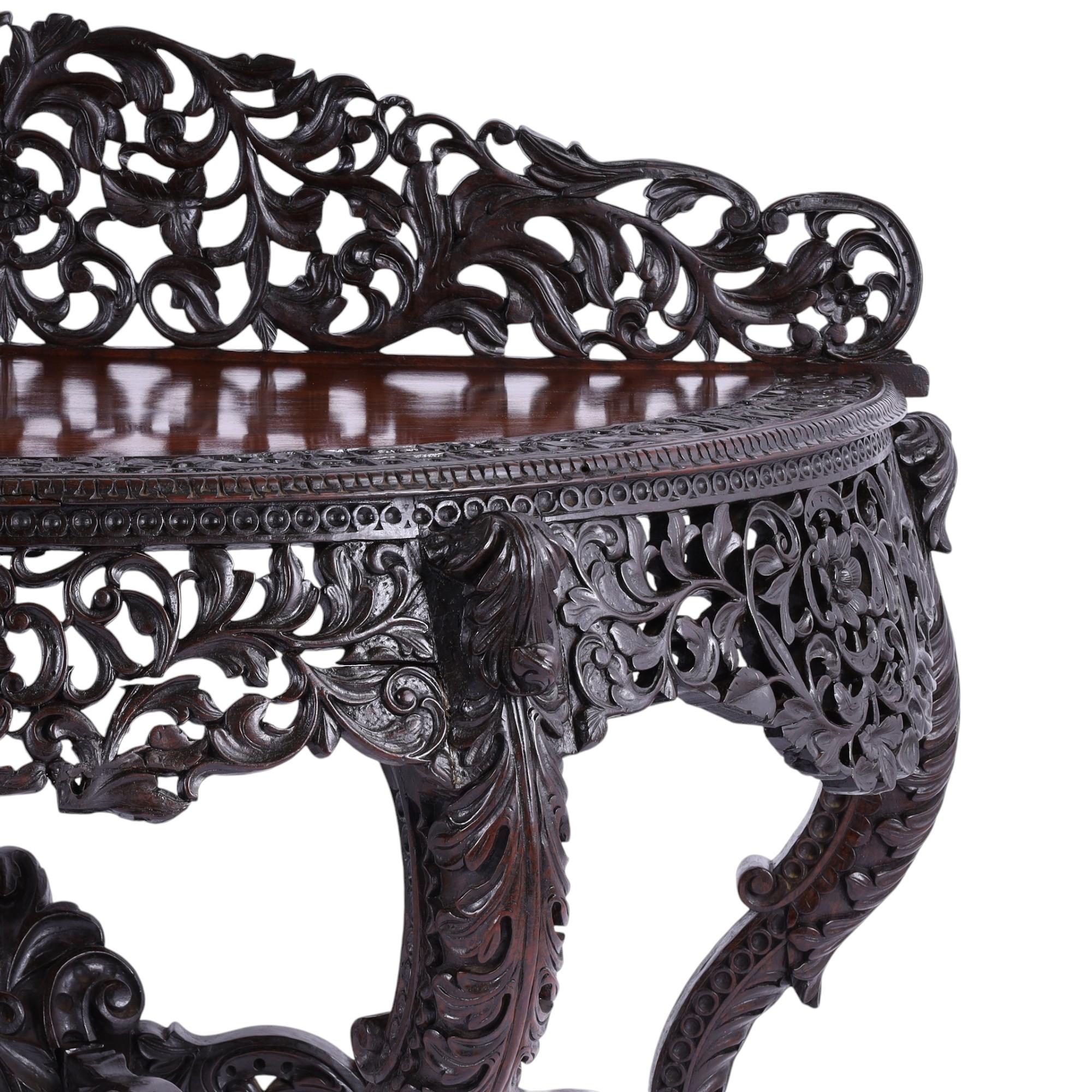 Mahogany Antique Anglo Indian Carved Demilune Console Table For Sale
