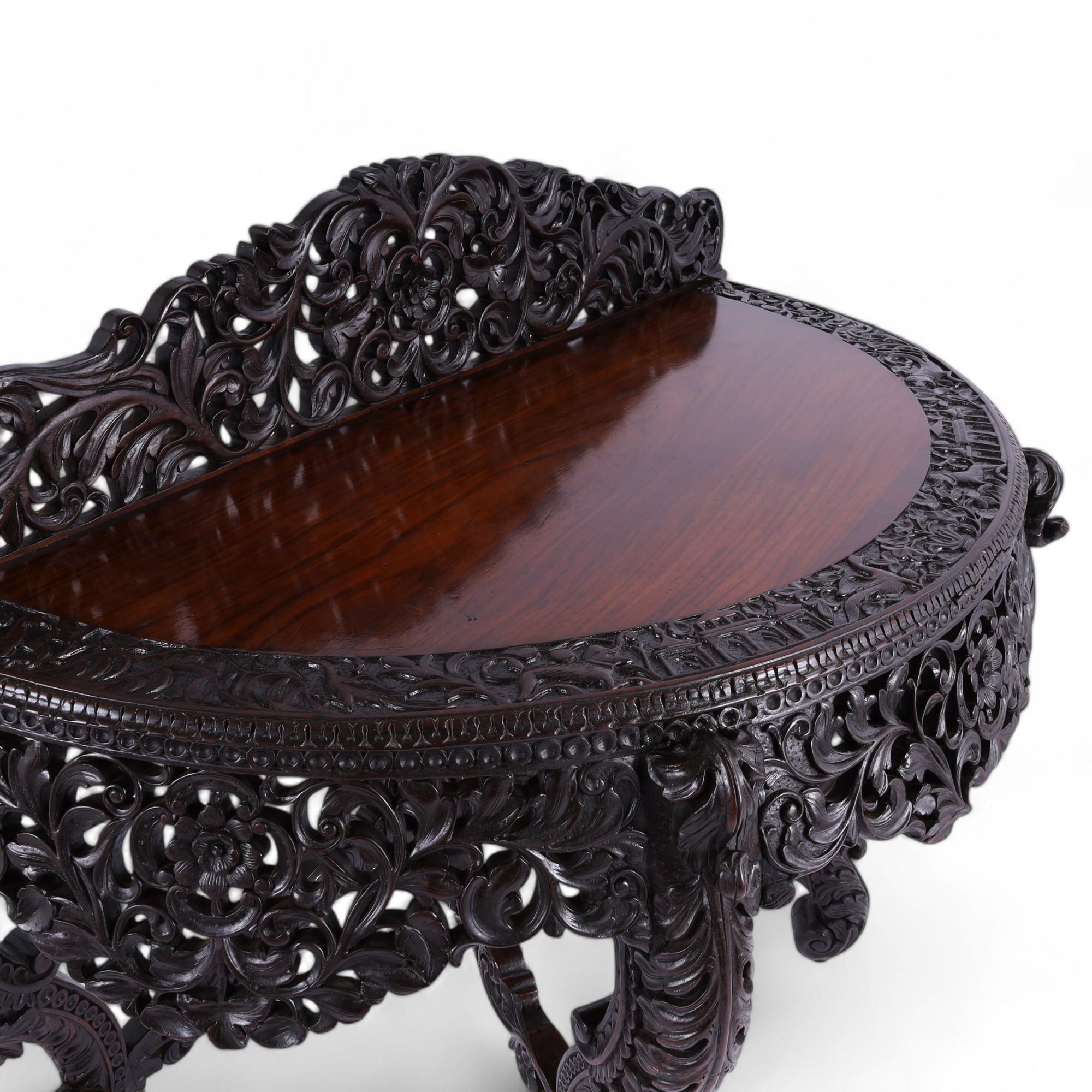 Antique Anglo Indian Carved Demilune Console Table For Sale 1