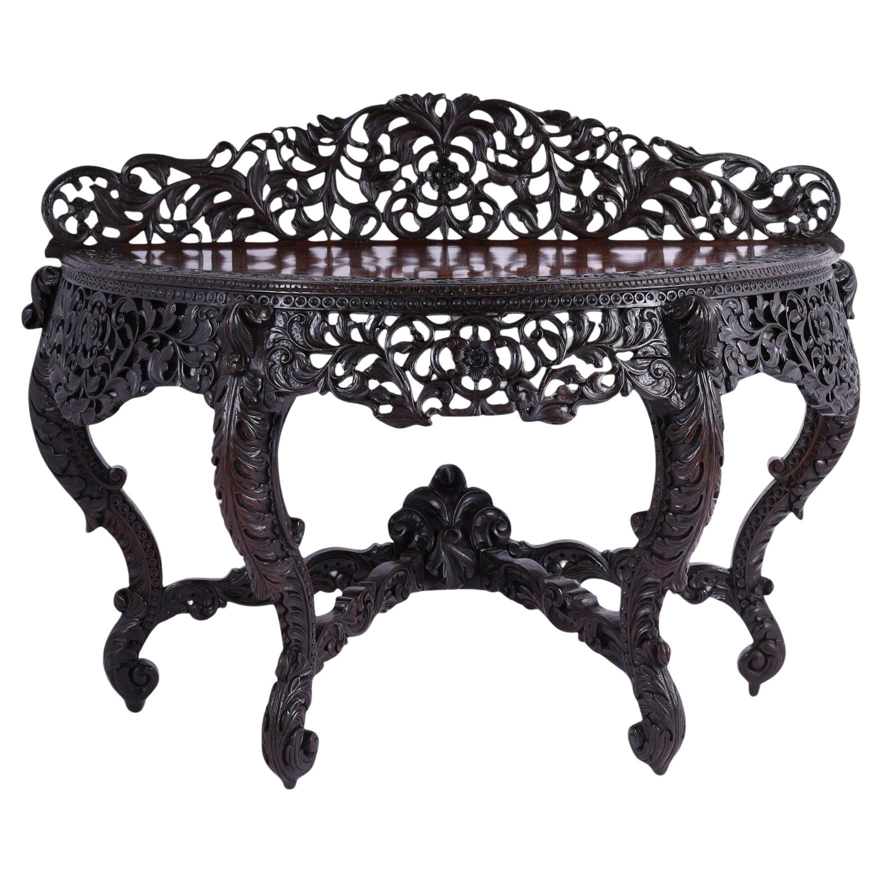Antique Anglo Indian Carved Demilune Console Table