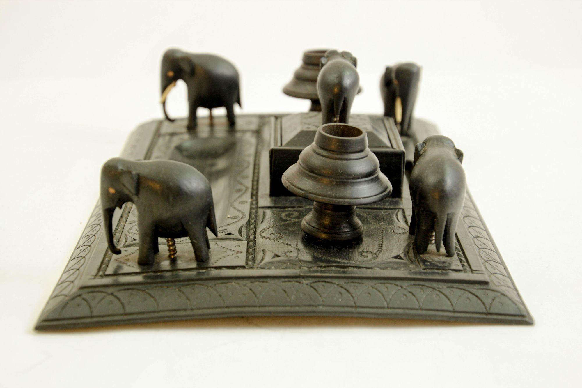 Antique Anglo-Indian Carved Ebony Elephant Inkwell Desk Stand For Sale 5