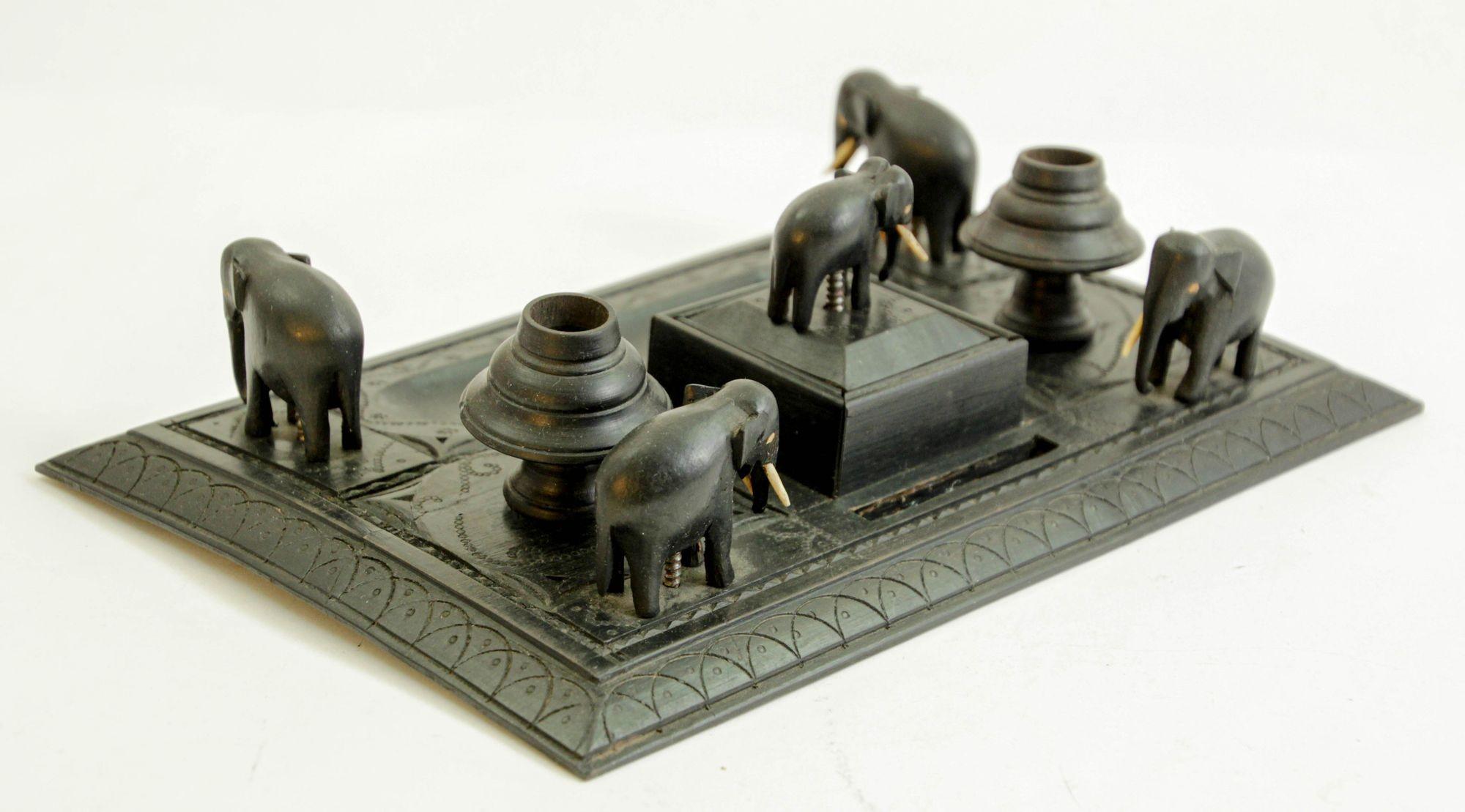 Antique Anglo-Indian Carved Ebony Elephant Inkwell Desk Stand For Sale 6
