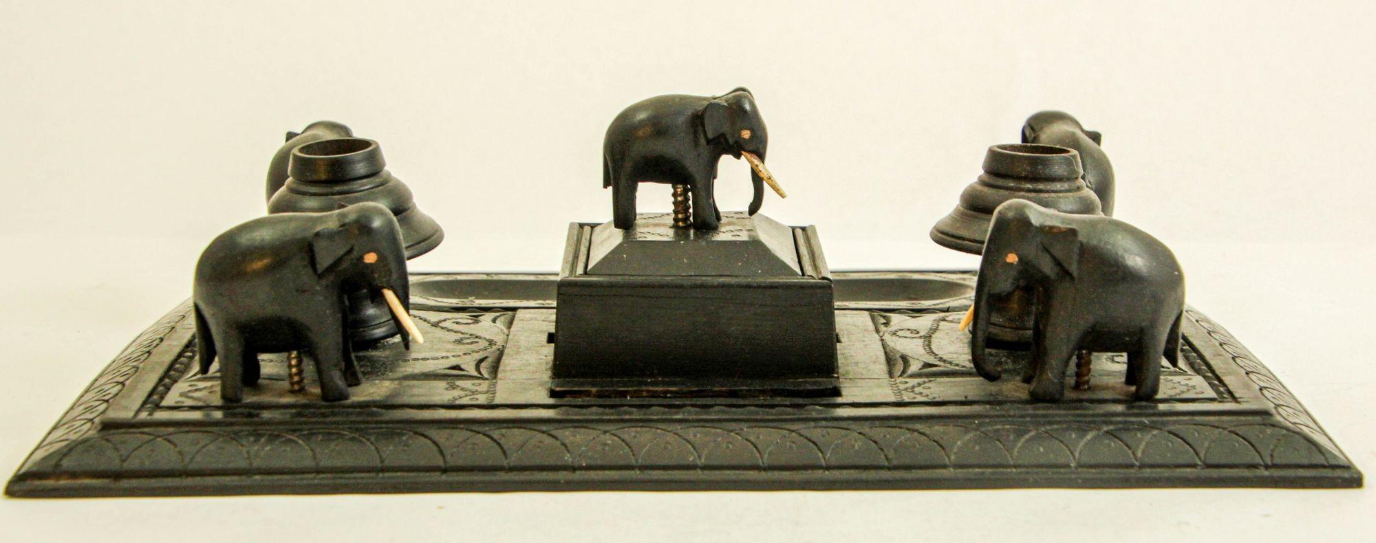 Antique Anglo-Indian Carved Ebony Elephant Inkwell Desk Stand For Sale 7