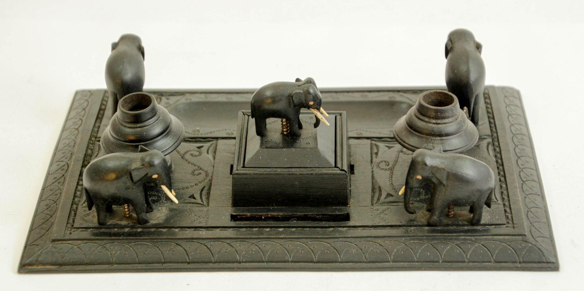 Antique Anglo-Indian Carved Ebony Elephant Inkwell Desk Stand For Sale 8