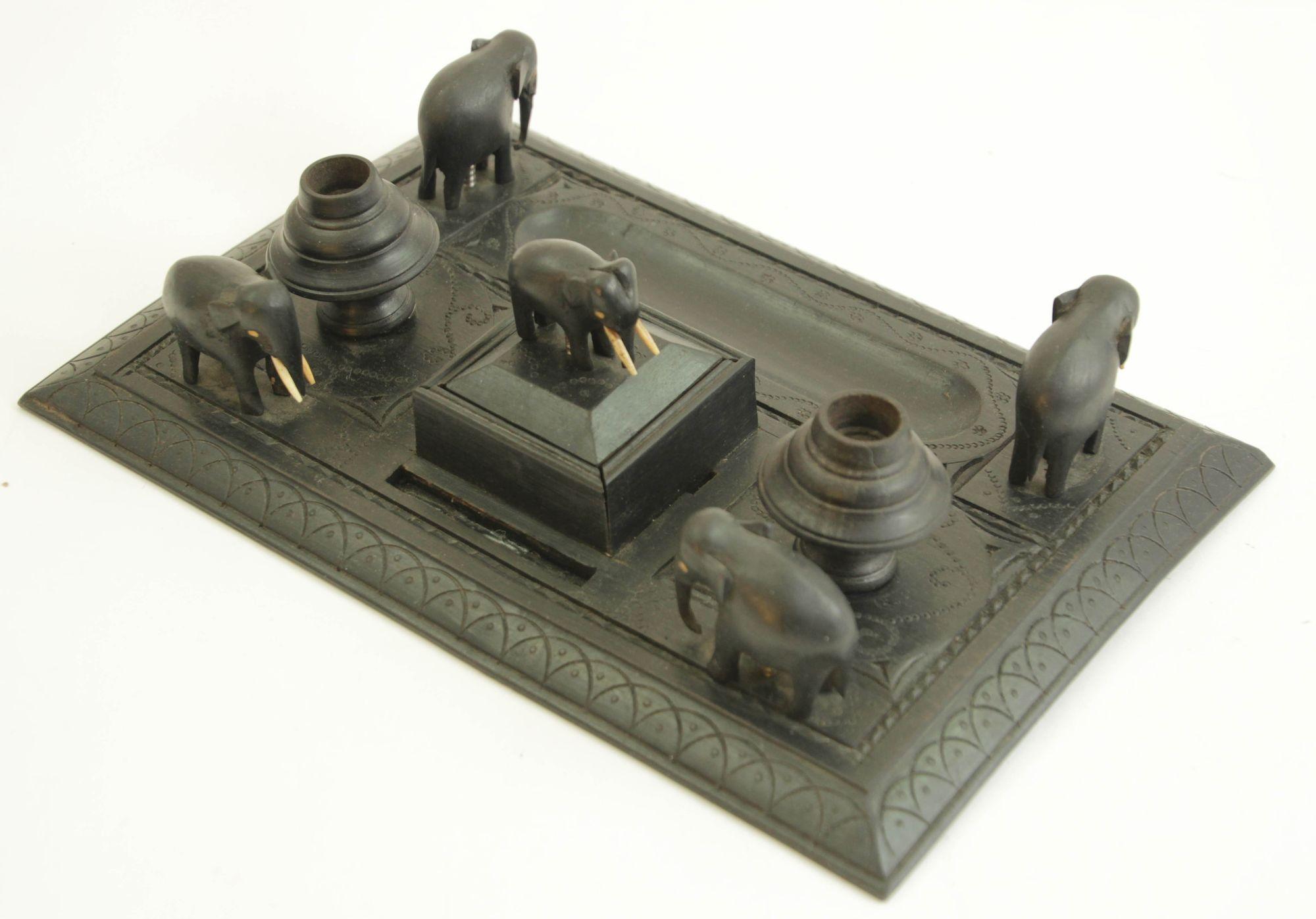 Antique Anglo-Indian Carved Ebony Elephant Inkwell Desk Stand For Sale 9