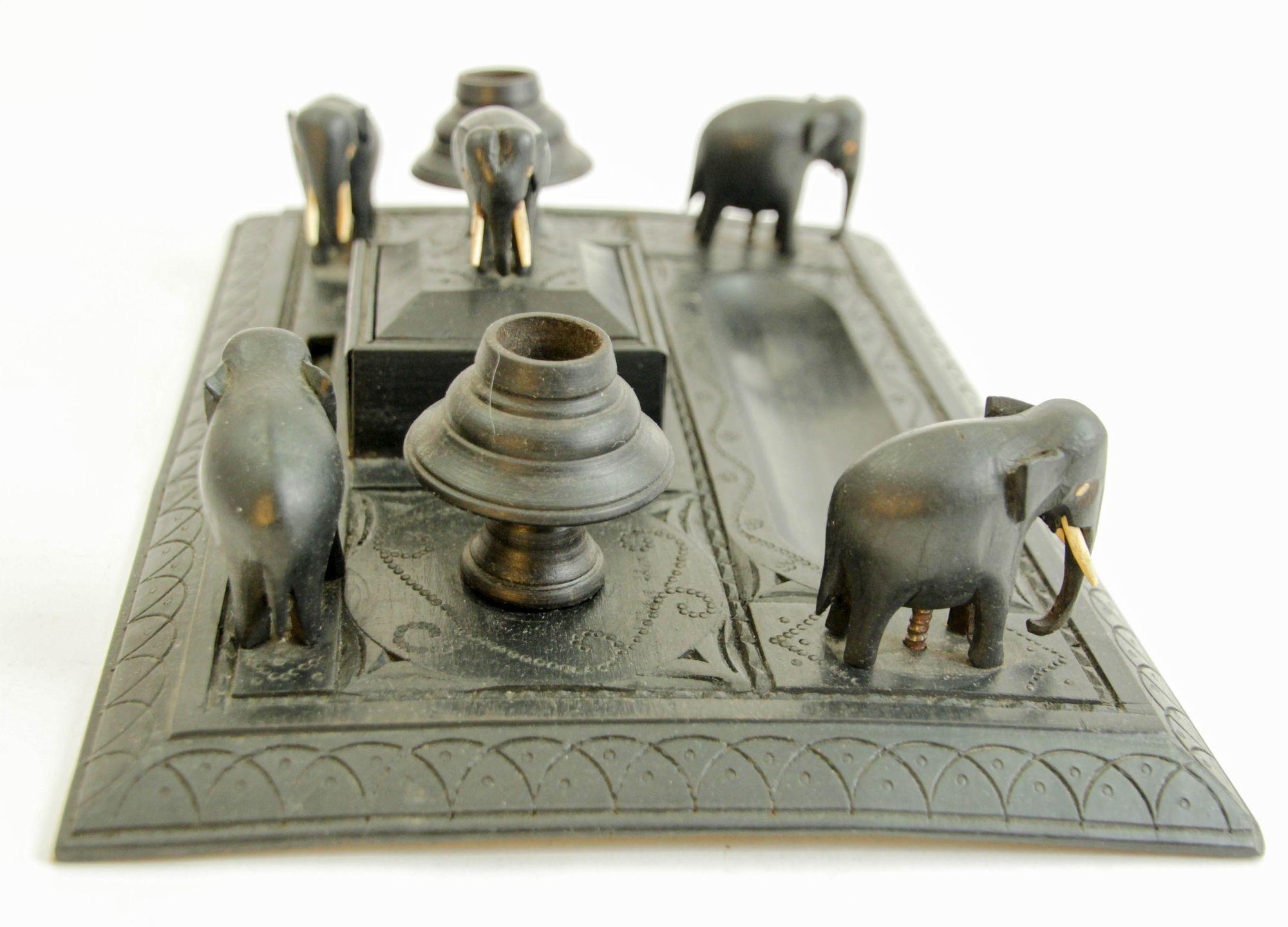 Antique Anglo-Indian Carved Ebony Elephant Inkwell Desk Stand For Sale 10