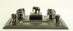 Antique Anglo-Indian Carved Ebony Elephant Inkwell Desk Stand