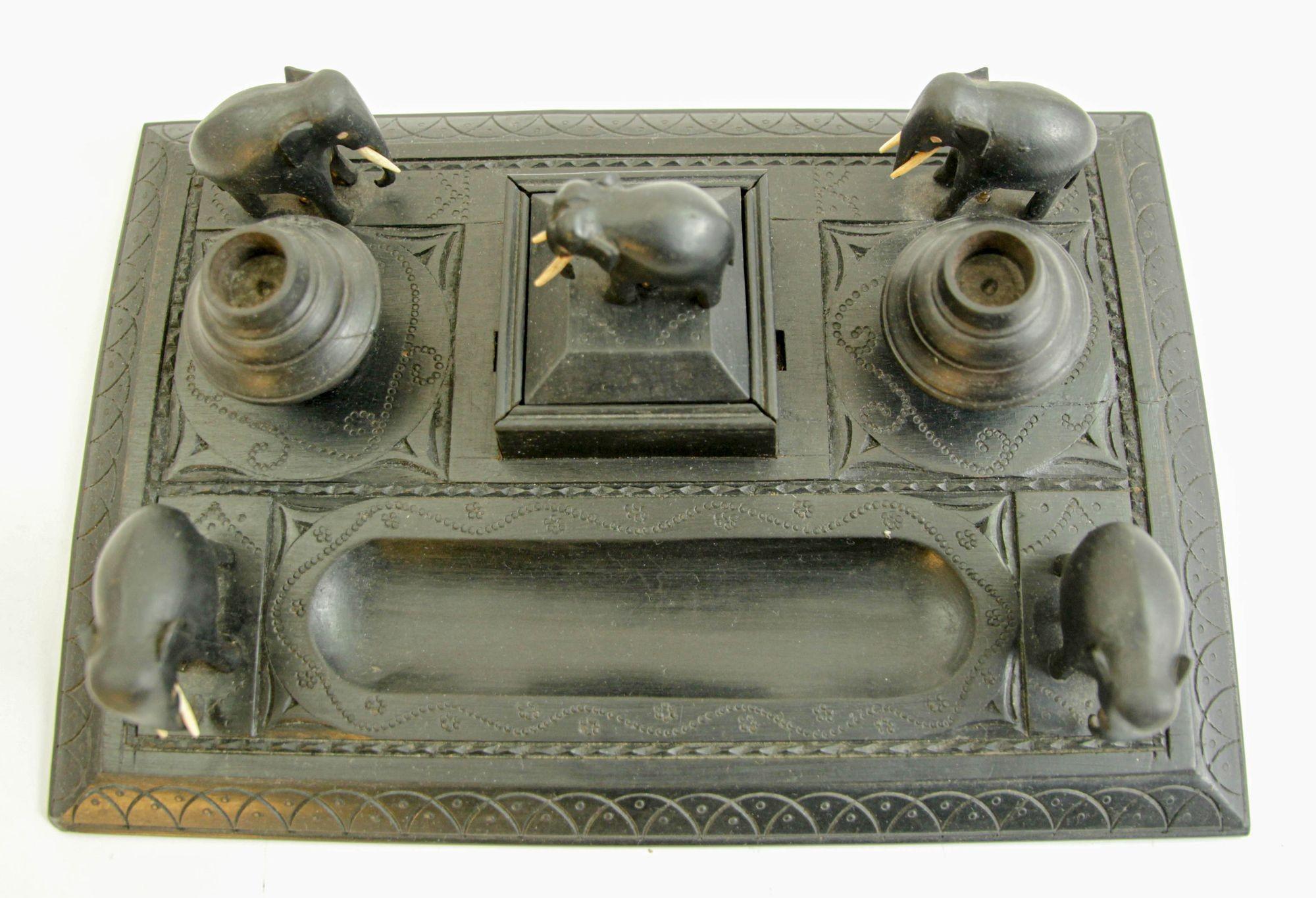 Hand-Carved Antique Anglo-Indian Carved Ebony Elephant Inkwell Desk Stand For Sale
